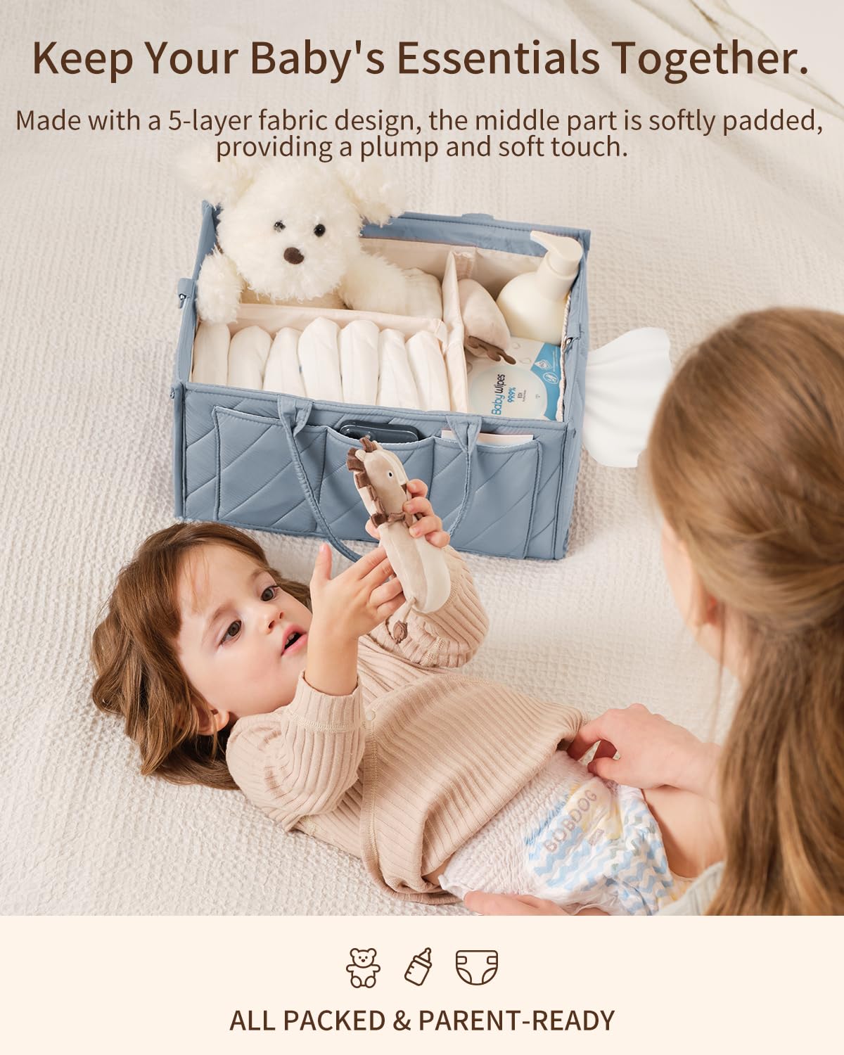 VKSAO Baby Boy Essentials Diaper Caddy Organizer – Portable Storage Basket with Shoulder Strap & Stroller Hooks, Splashproof Quilted Nursery & Car Tote, Baby Gifts for Baby Shower, Classic Blue