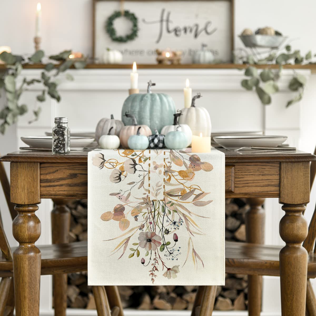 Wildflower Leaves Floral Fall Table Runner, Autumn Thanksgiving Kitchen Dining Table Decoration for Indoor Outdoor Home Party 13x72 Inch