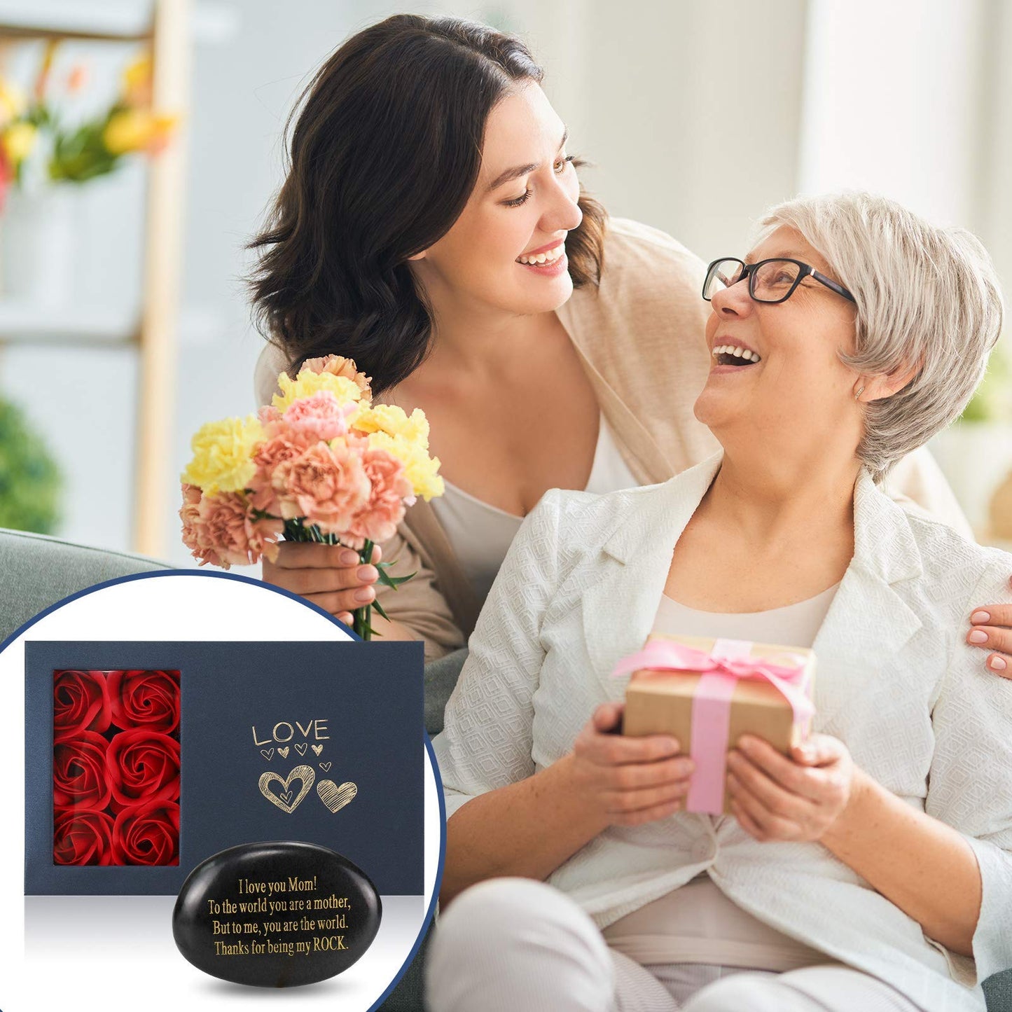 Gifts for Mom - Unique Birthday Card for Mom from Daughter Son - Handmade Engraved Rock Paperweight - I Love You Mom Gifts - Best Mother in Law Birthday Present - You Are My Rock Gifts for Mother