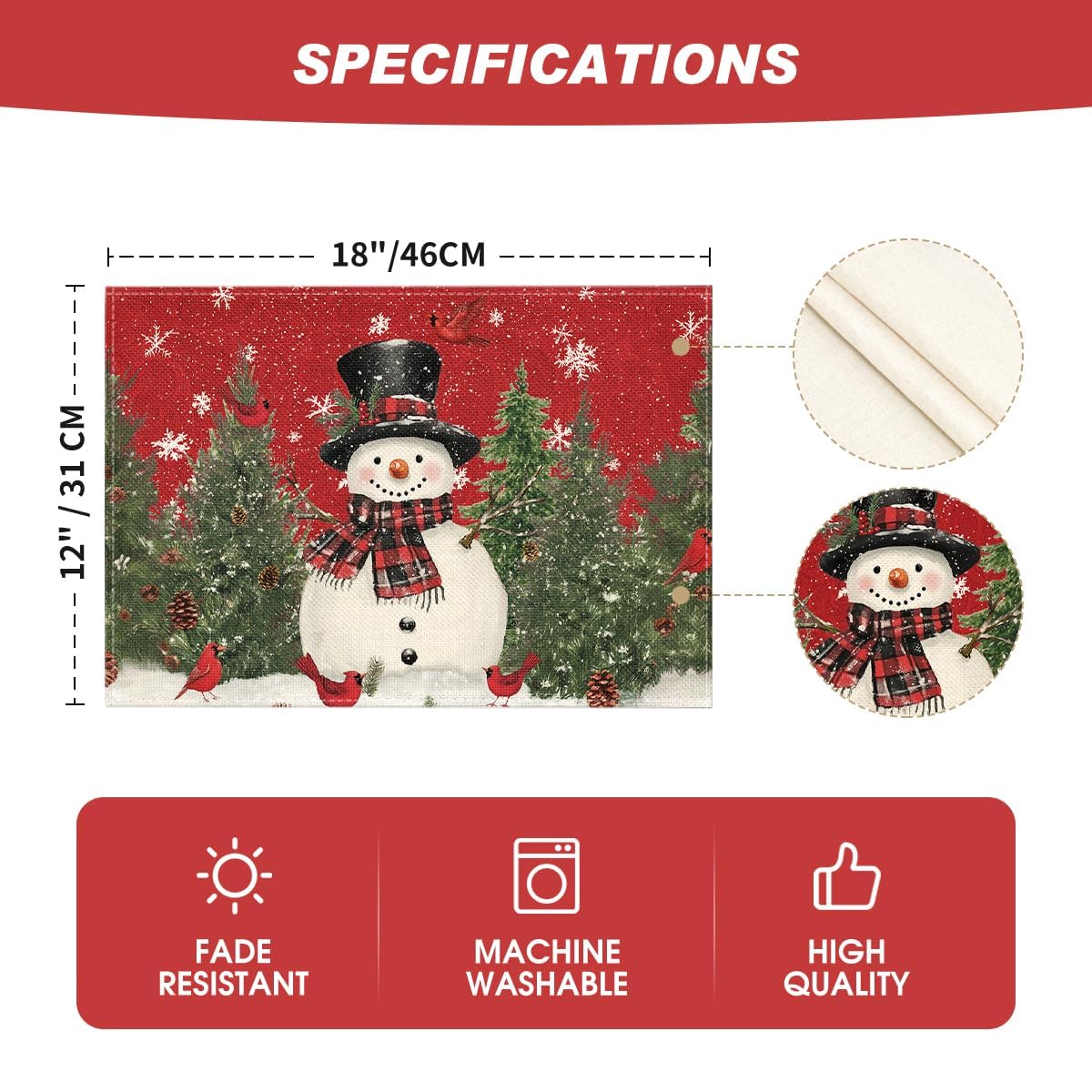 Snowman Cardinals Trees Christmas Placemats for Dining Table, 12 x 18 Inch Seasonal Winter Birds Xmas Holiday Rustic Vintage Thanksgiving Washable Table Mats Set of 4