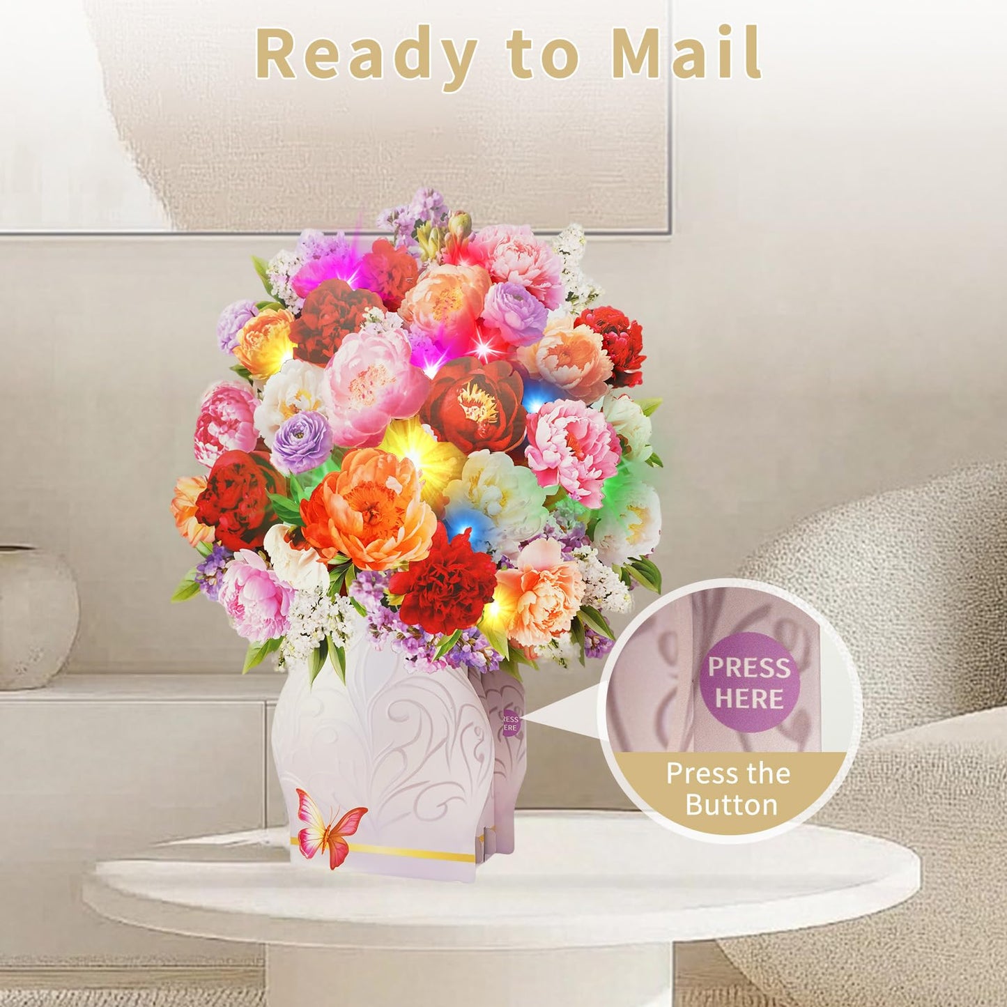 APOTODITO Mothers Day Card for Women, Flower Bouquet 3D Card, Mothers Day Gifts with Music and Light, Gifts for Mom, Women, Sister, Wife (Peony)