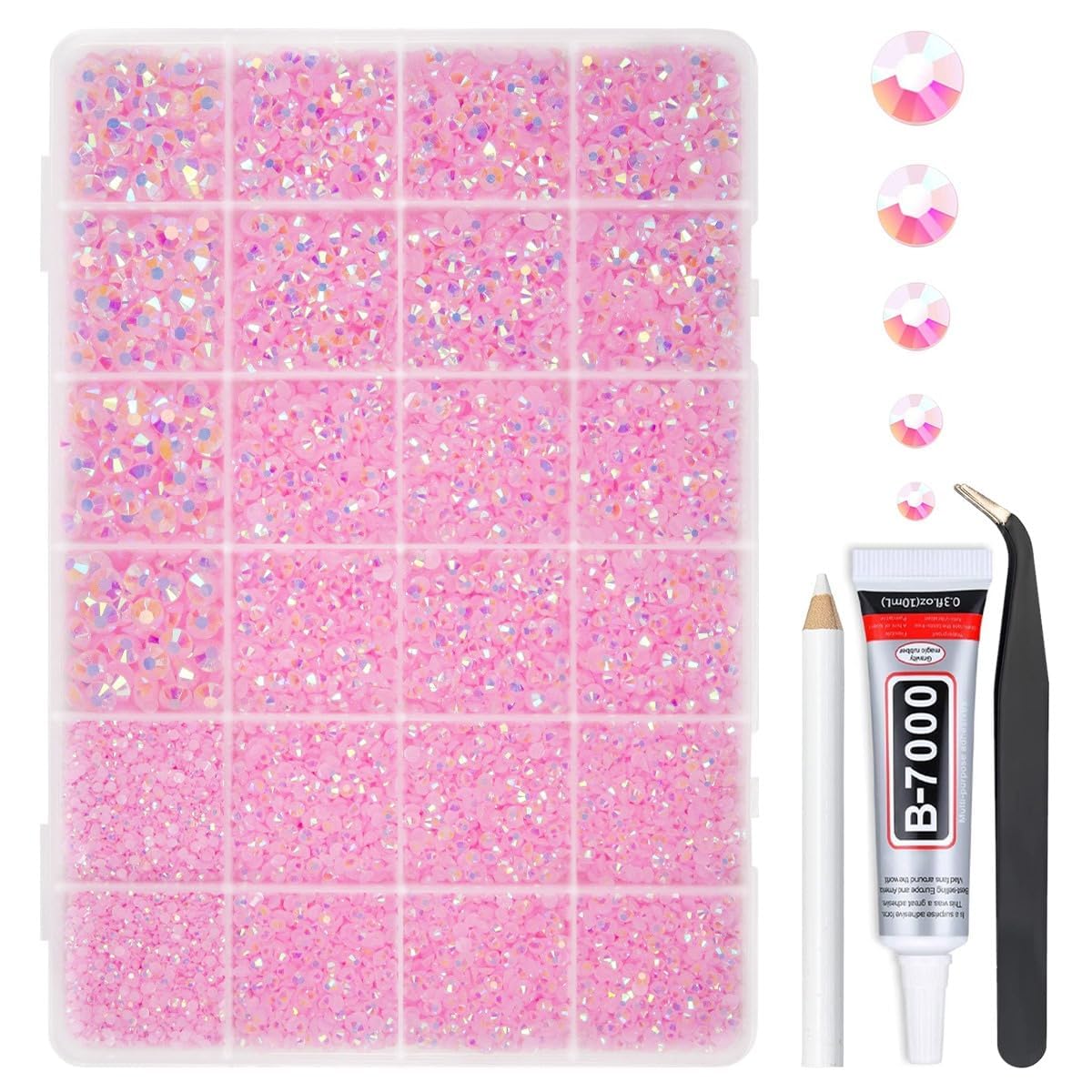 qiipii Light Pink AB Resin Rhinestones w B7000 Glue for Bedazzling Crafting 2mm-6mm Flatback Jelly Stones Diamonds Gems Bedazzler Kit Charms for Nails Face Eyes Makeup Tumblers Bottles Crafts Shoes