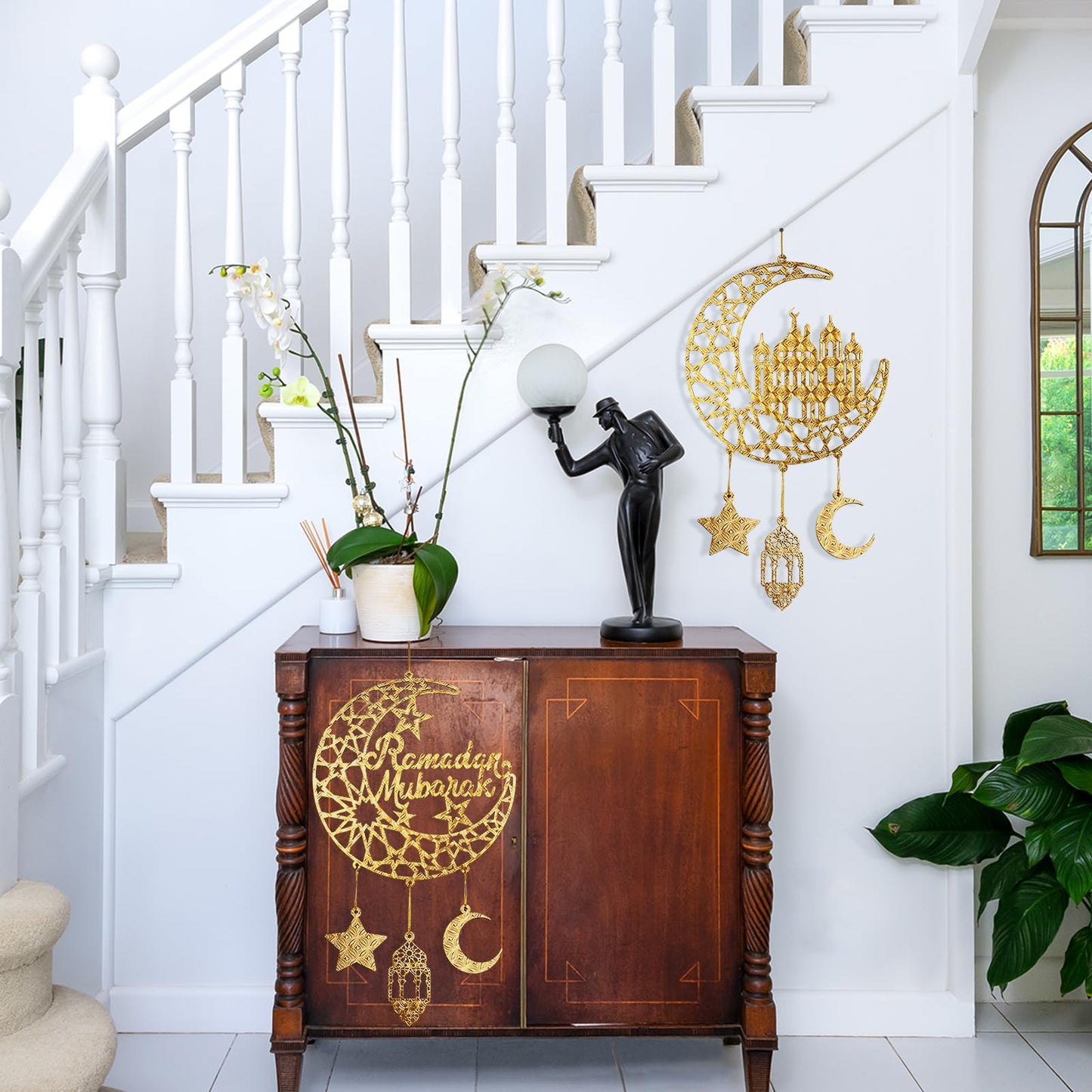 2 Pieces Eid Mubarak Door Sign Wooden Hanging Signs, Ramadan Kareem Hollow Ornament Decorations Moon and Stars, Moon Shape Ramadan Mubarak Party Wood Wall Hanger for Islamic Muslim Home Decor