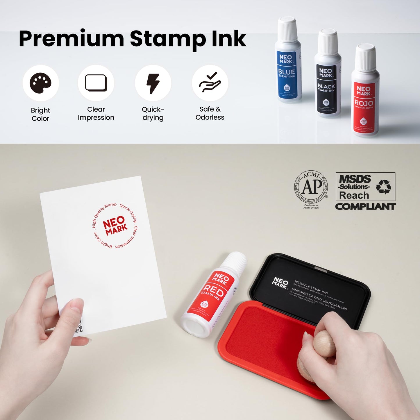 NEO MARK Premium Stamp Ink, Quick-Drying & AP-Certified Non-Toxic Refill Ink for Self-Inking Stamps, Date Stamps and Stamp Pads (Red, 2oz)