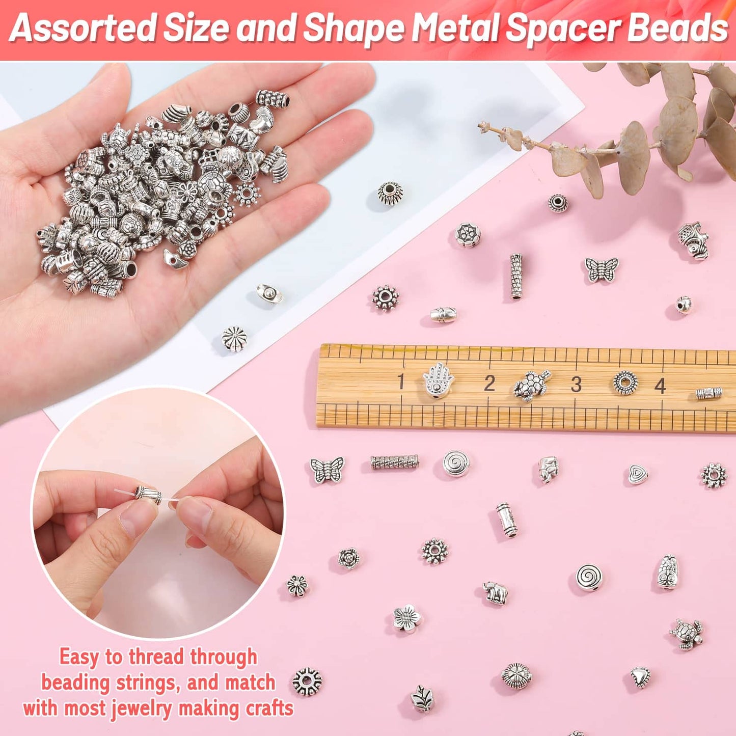 500 Pcs Bracelet Spacer Beads, Silver Bulk Random Styles Loose Spacer Metal Charm for Necklace, Earring Making DIY Jewelry Accessories