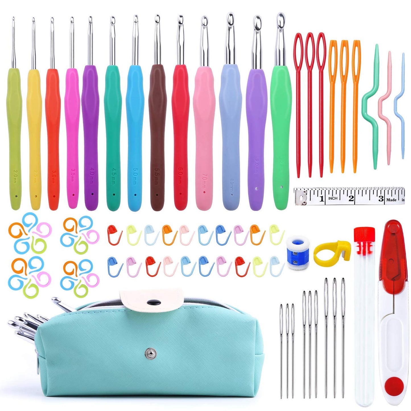 ZLULARY 77 Pcs Crochet Hook Set, Aluminum Ergonomic Crochet Hooks with Knitting Needles, Large Eye Blunt Needles, Colorful Crochet Needles, Plastic Stitch Markers, and Case
