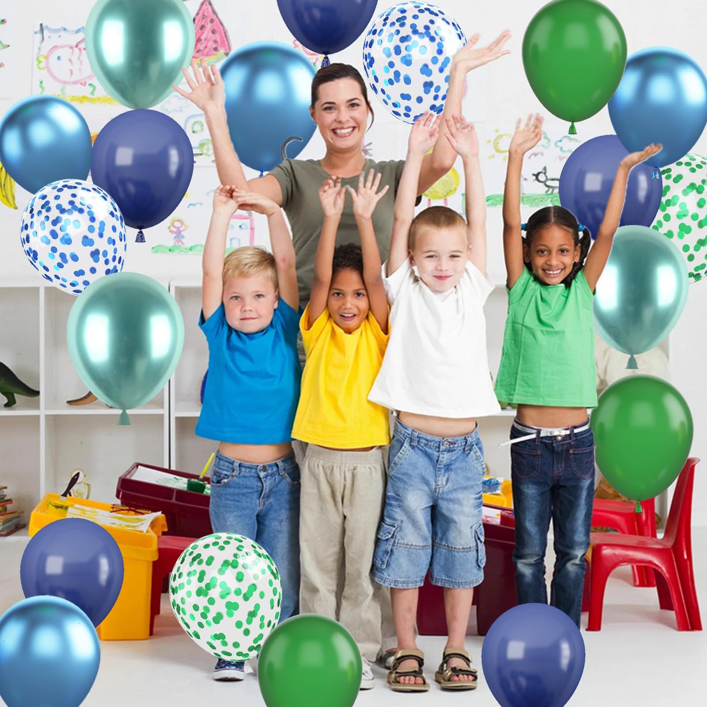 Blue and Green Balloon Set, 12 Inch Navy Blue Dark Green Balloon Metallic Chrome Green Blue Balloons, Confetti Green Blue Balloons for Jungle Safari Theme Boys Birthday Party Decorations