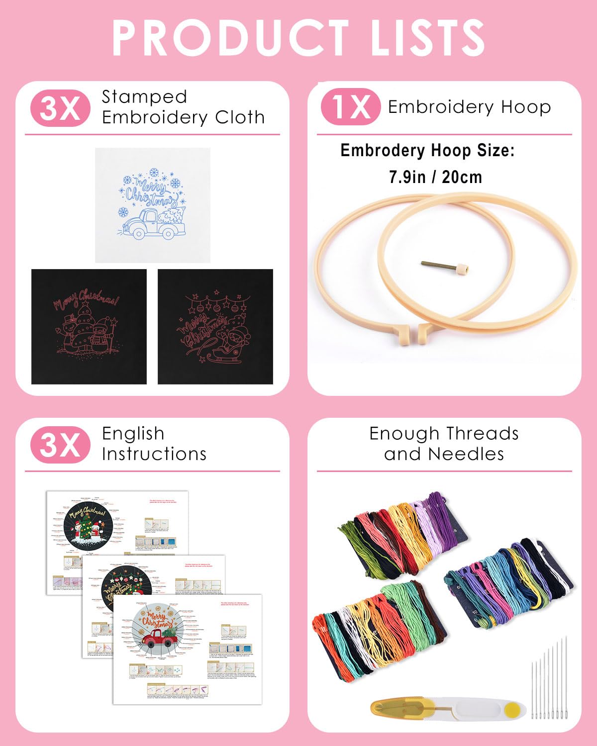Christmas Embroidery Kit for Adult Beginners, 3 Sets Embroidery Stitch Practice kit Include Embroidery Cloth Hoops Threads for Craft Lover Hand Stitch