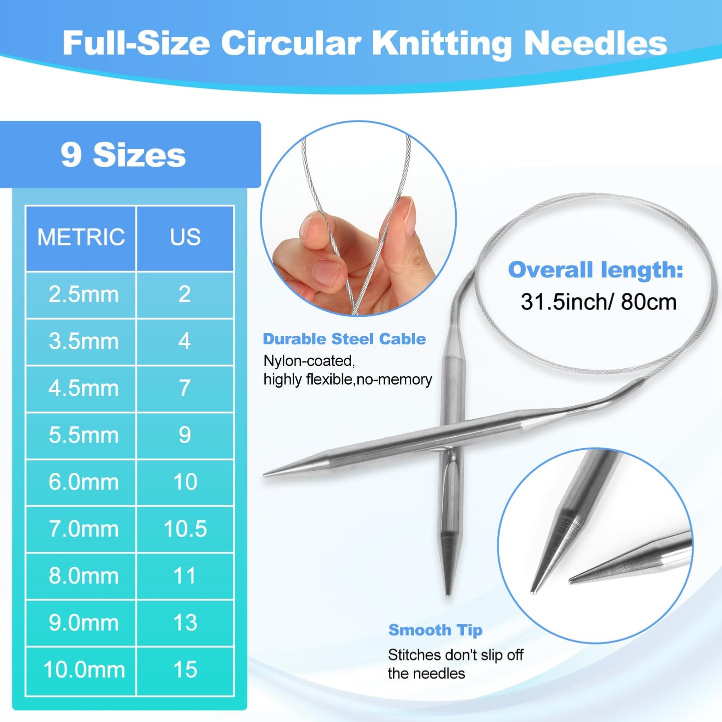 Knitting Needles Set, 9 Pairs Circular Knitting Needles Set and 22 Pcs Single Pointed Knitting Needles Set with Tote Bag Knitting Accessories Knitting Supplies Knitting Needles for Beginners
