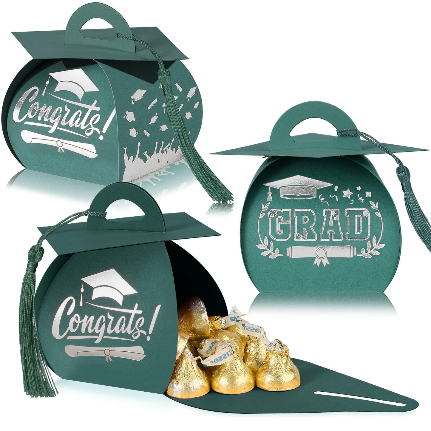 TaoBary 30 Pcs Graduation Cap Gift Boxes Graduation Decorations Class of 2026 Candy Box with Tassel for 2026 Grad Party Favors Supplies(Dark Green, White)