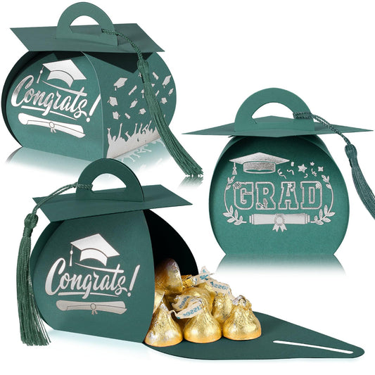 TaoBary 30 Pcs Graduation Cap Gift Boxes Graduation Decorations Class of 2026 Candy Box with Tassel for 2026 Grad Party Favors Supplies(Dark Green, White)