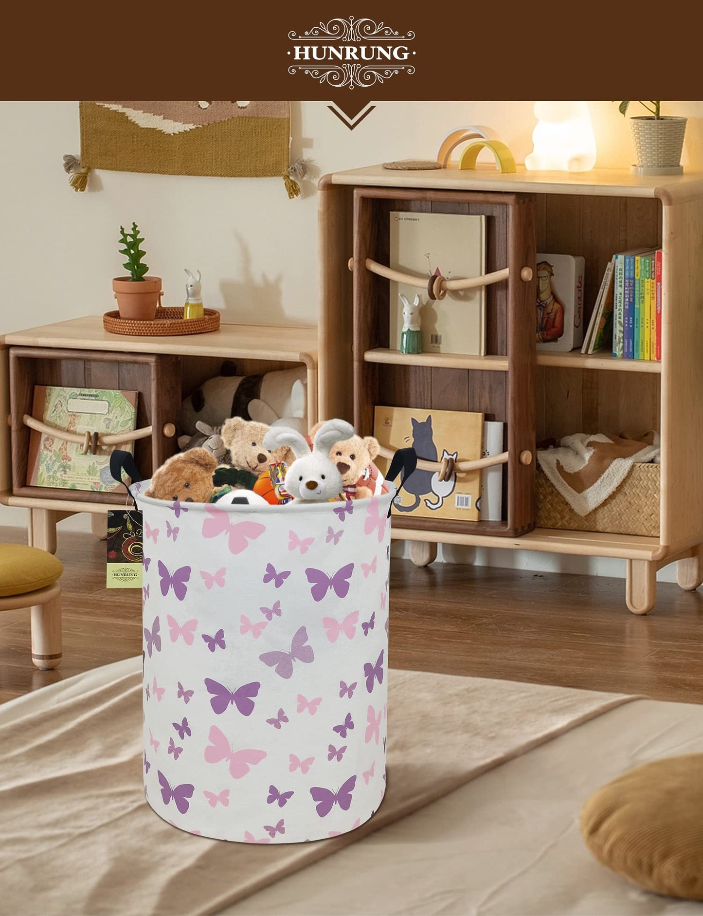 Laundry Hamper,Large Canvas Fabric Lightweight Storage Basket Toy Organizer Dirty Clothes Collapsible Waterproof for College Dorms（Round-Butterfly）