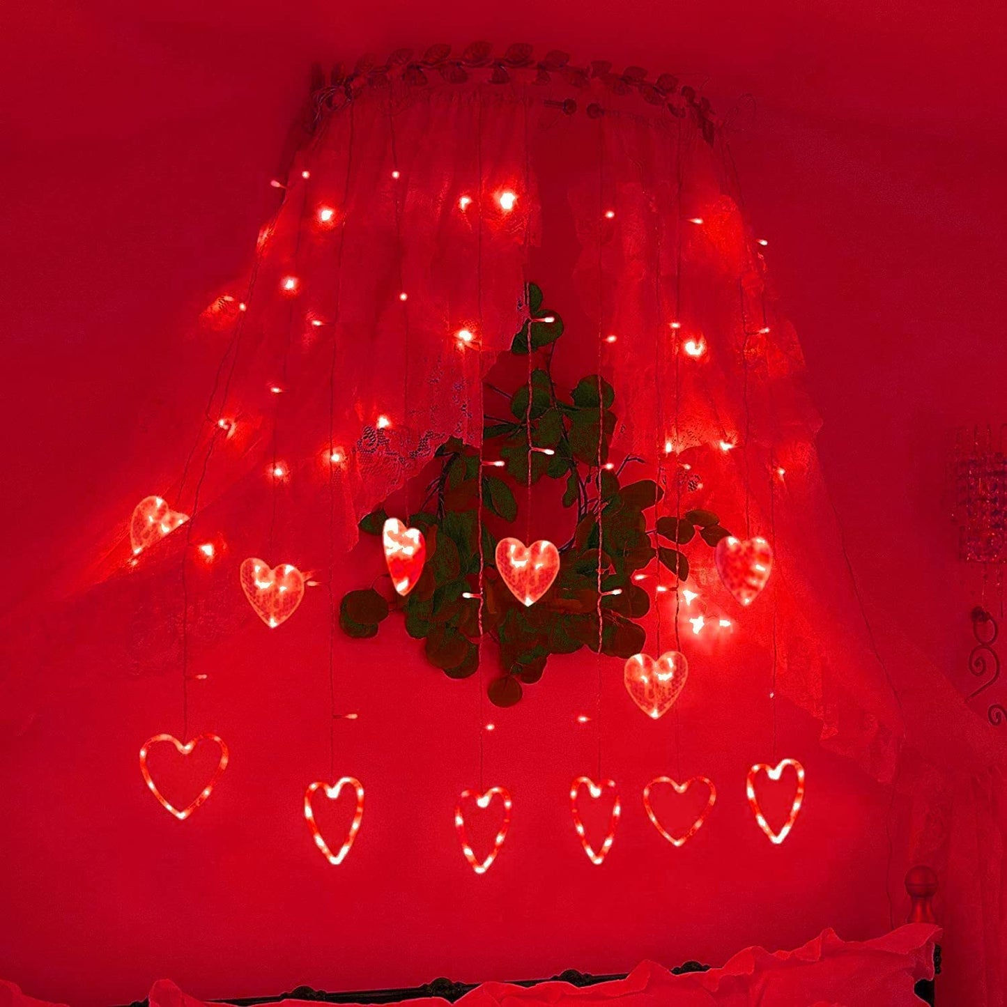Valentines Day Decor Lights,138 LED 12-Heart-Shaped String Lights Waterproof,8 Modes Connetable 29V Plug in Curtain Lights for Kids Bedroom Wedding Party Valentines Day Decoration (Red)