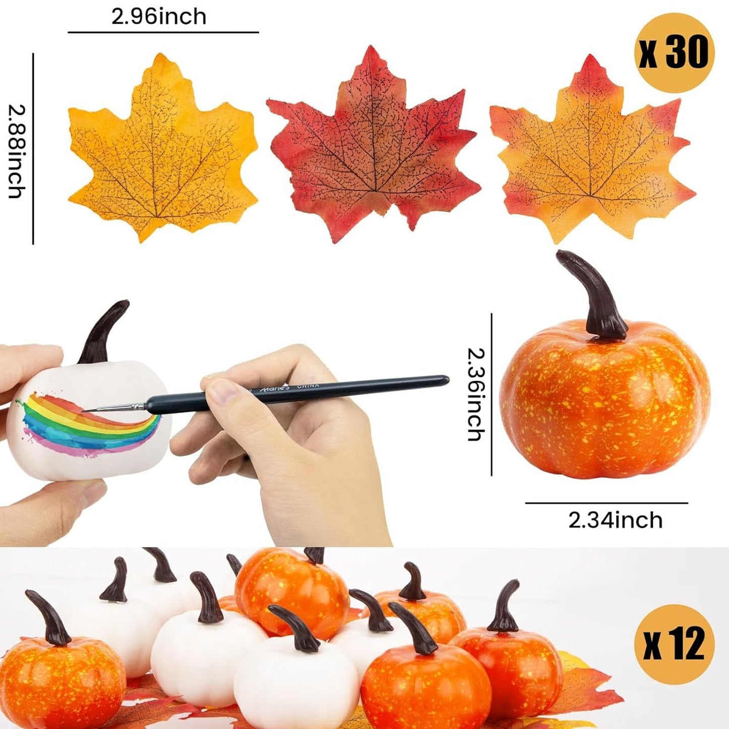 42 PCS Artificial Pumpkins Decorations, 12PCS Fake Pumpkins with 30Packs Maple Leaves for Fall Harvest Crafts Halloween Thanksgiving Decor