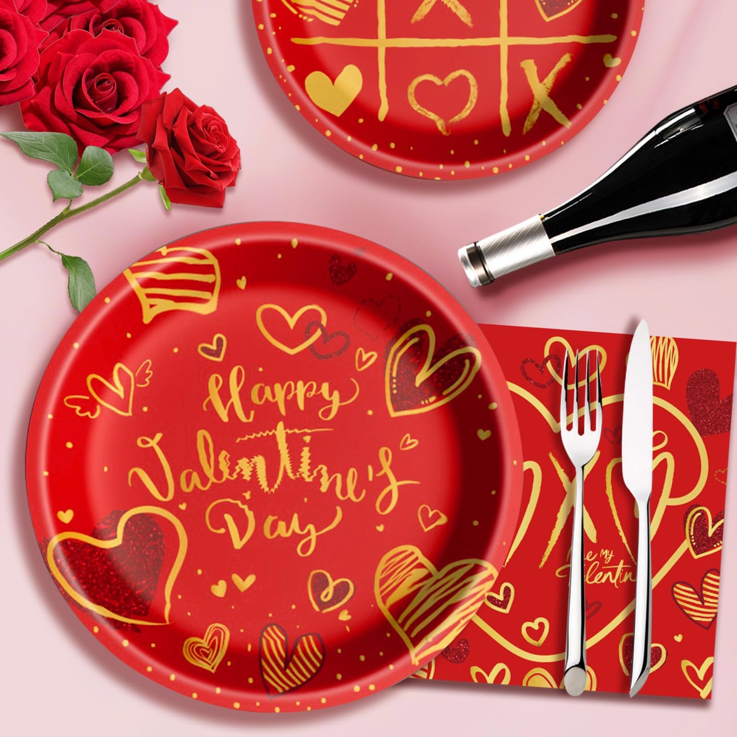 Valentine's Day Party Supplies Tableware Set Red Heart Love Paper Plates Napkins Cups Tablecloth Banner for Valentine's Day Party Decorations, Serves 24