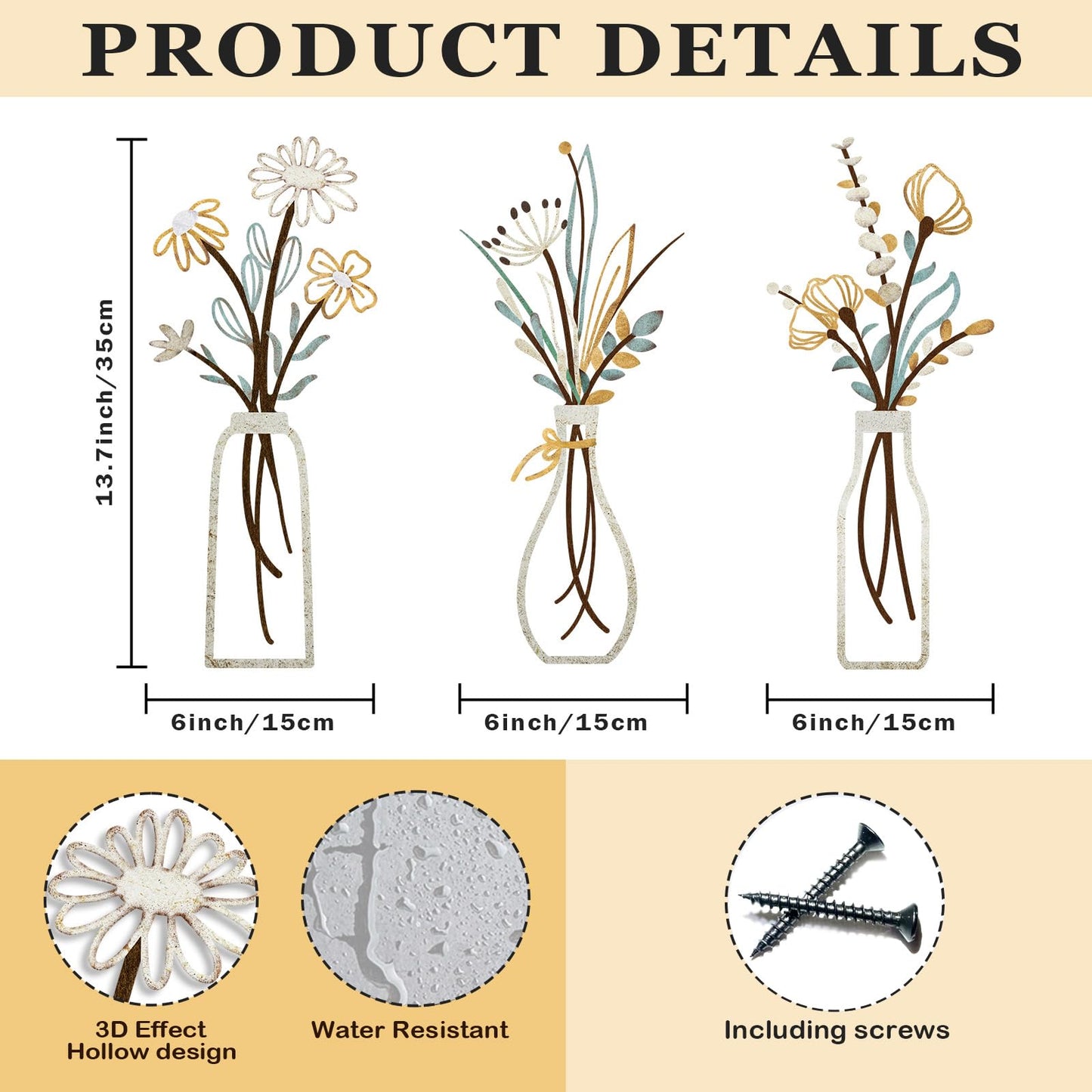 3 Pieces Metal Flowers Wall Arts - Rustic Farmhouse Decor Beige Minimalist Flower Wall Decors for Living room Bathroom Bedroom Dining Room-Housewarming Gifts (Beige, Vase-C)