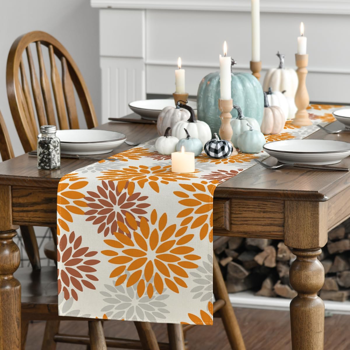 Orange Dahlia Floral Pinnata Fall Table Runner, Seasonal Autumn Thanksgiving Kitchen Dining Table Decoration for Home Party Decor 13x72 Inch