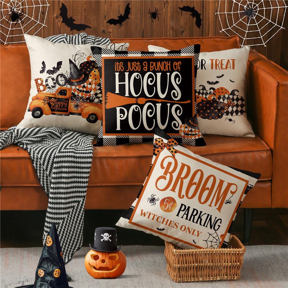MODOVOS Halloween Decorations Pillow Covers 18x18 Set of 4 Halloween Decor Hocus Pocus Throw Pillow Covers Indoor Outdoor Fall Pumpkin Pillow Covers Decorative Cushion Cases for Home Sofa Couch