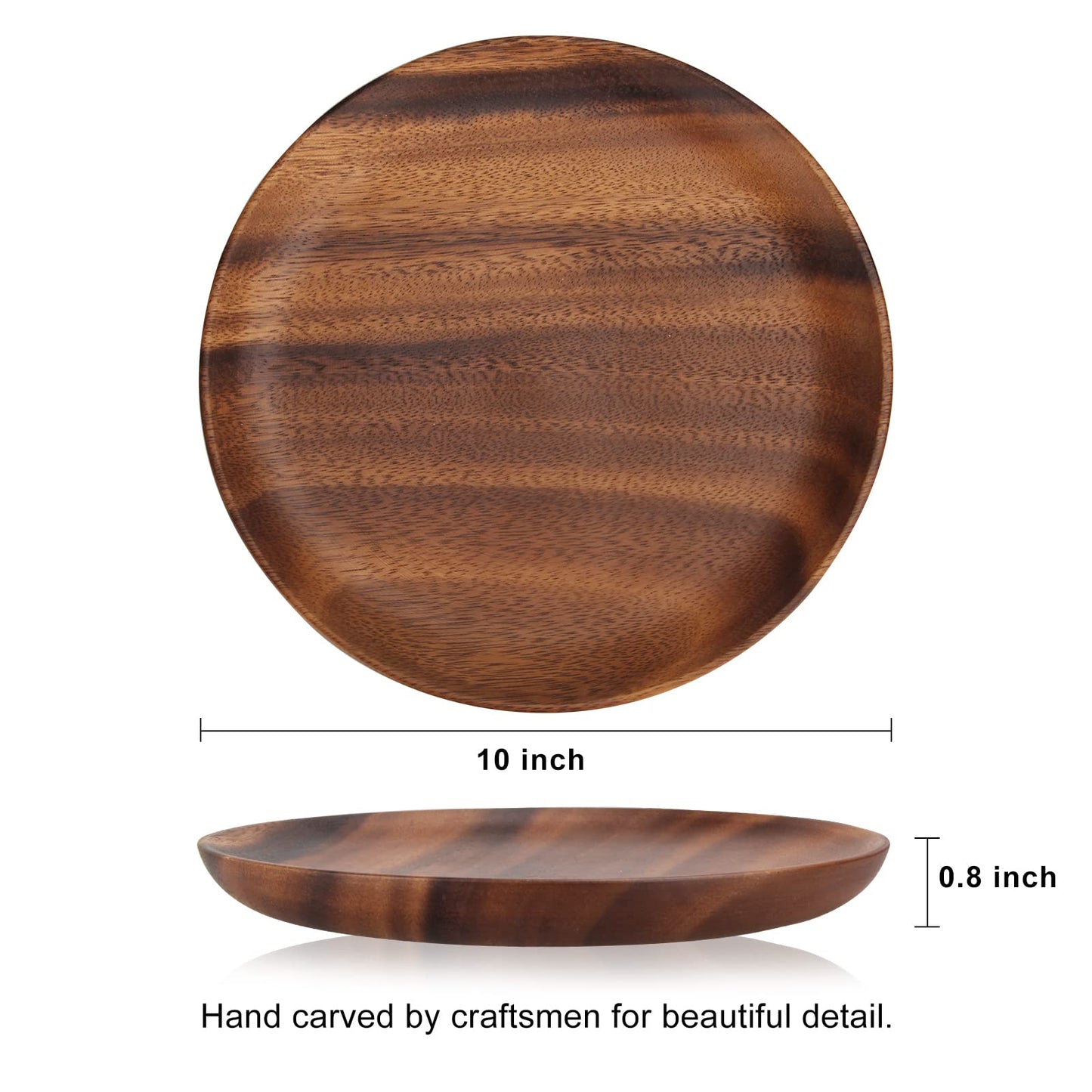 2 Pcs 10 Inch Acacia Wood Dinner Plates Set for Eating Wooden Round Charcuterie Boards Kitchen Serving Platters for Food Dishes Cheese Tray Dessert Salad Plate Wood Charger Plates Decorative Trays