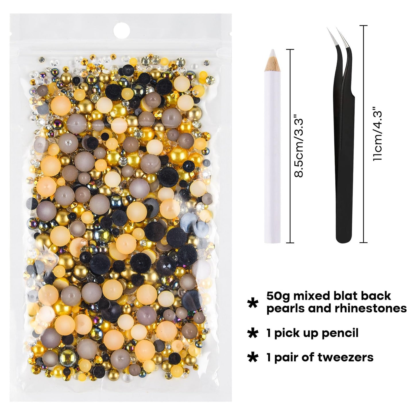 ASTARON 50g Mix Flatback Rhinestones Half Pearls for Crafts Mixed Size 3mm-10mm Flat Back Rhinestones for Crafts Flatback Pearls for Decorating Tumblers Mugs Nail Art Shoes (Gold Black Series)