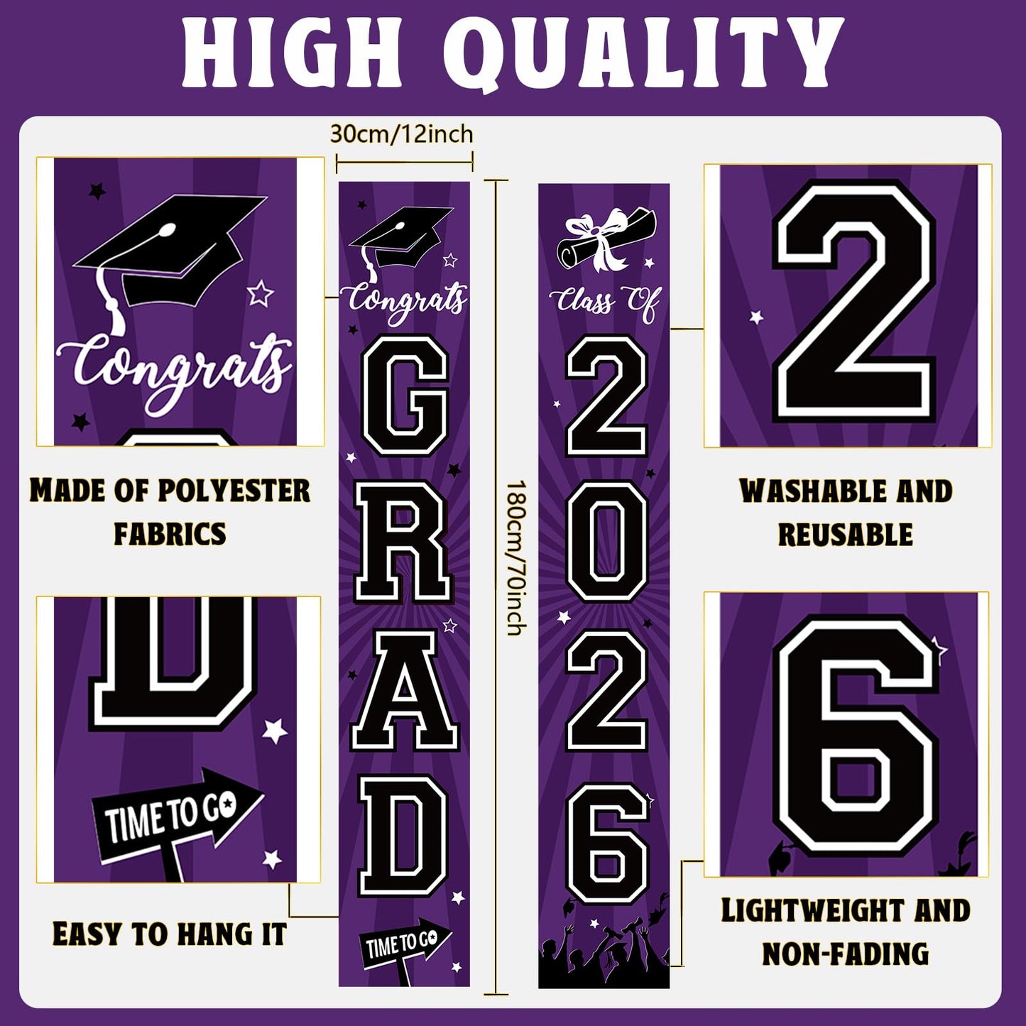 Graduation Banner 2026 Graduation Decorations Purple and Black Grad Banner Porch Sign Class of 2026 Door Decor Congrats Hanging Backdrop Purple Grad Party Decor for School Congratulations Supplies