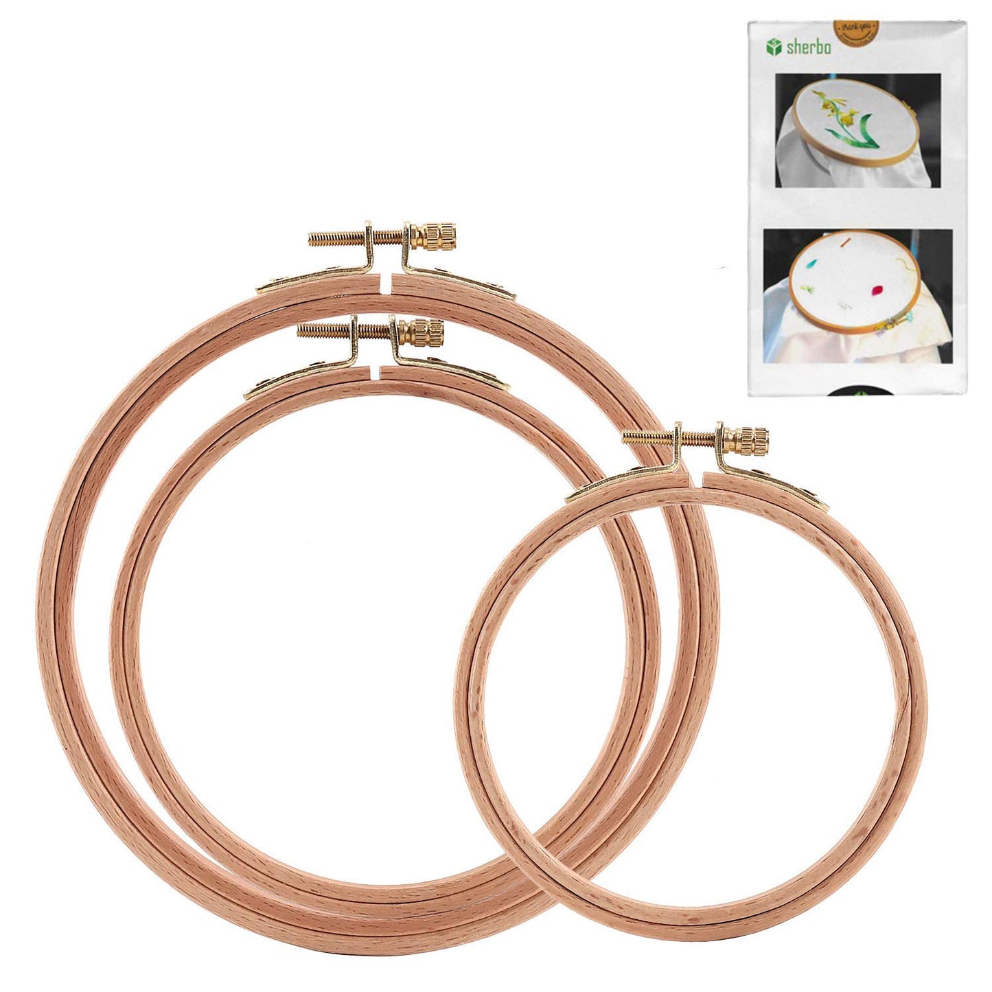 Sherbo 3 Pieces Beech Wood Embroidery Hoops Set by 4 Inch to 6 Inch Circle Hoop Ring Cross Stitch Cotton for DIY Embroidery Floss Starter of Sewing Art Kits Crafts