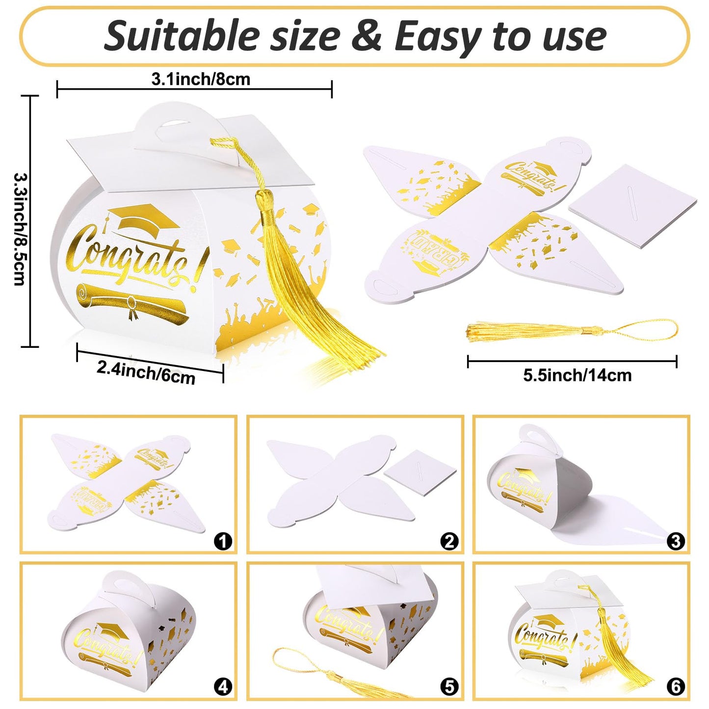 TaoBary 30 Pcs Graduation Cap Gift Boxes Graduation Decorations Class of 2026 Candy Box with Tassel for 2026 Grad Party Favors Supplies(White, Gold)