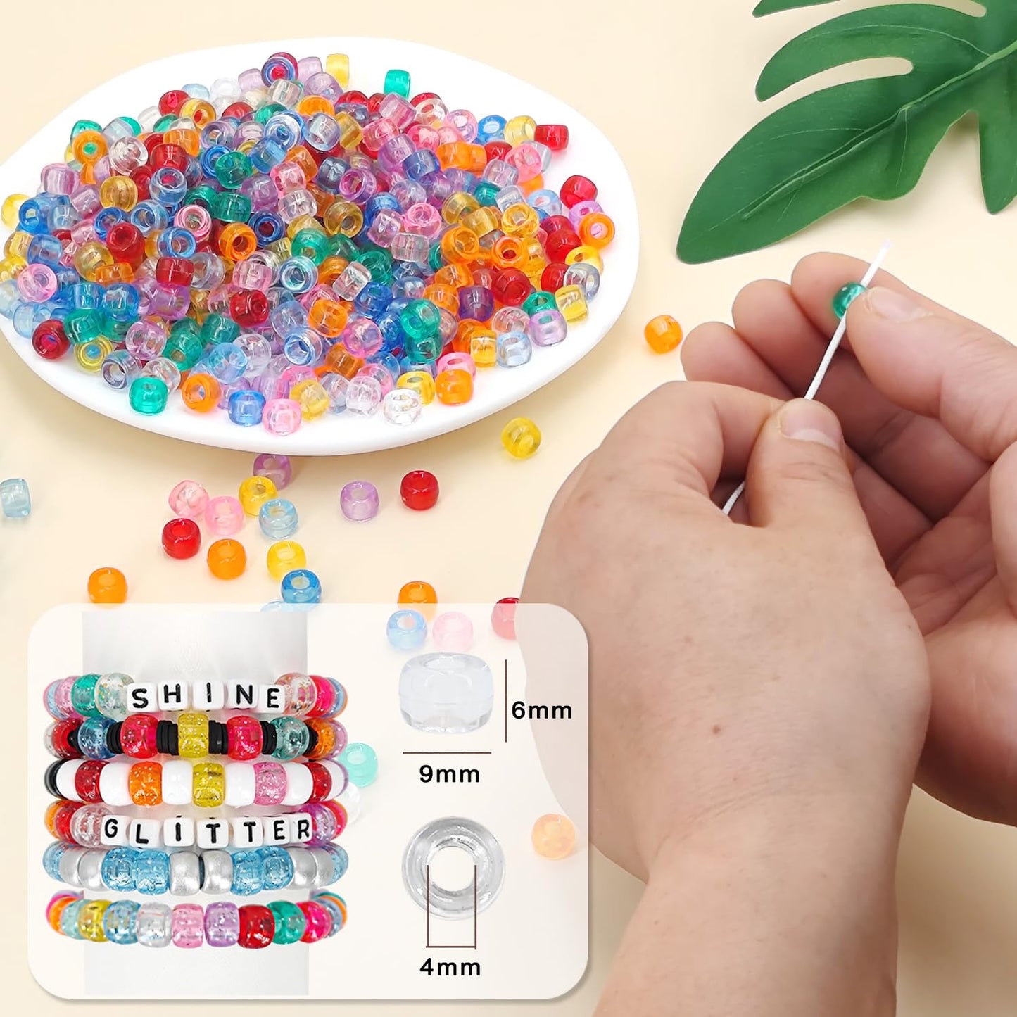 MIIIM 1000PCS 6x9mm Clear Pony Beads Bulk, Kandi Beads for Bracelets Making Kit, Hair Braids Craft for Jewelry Making (Clear Multi Color)