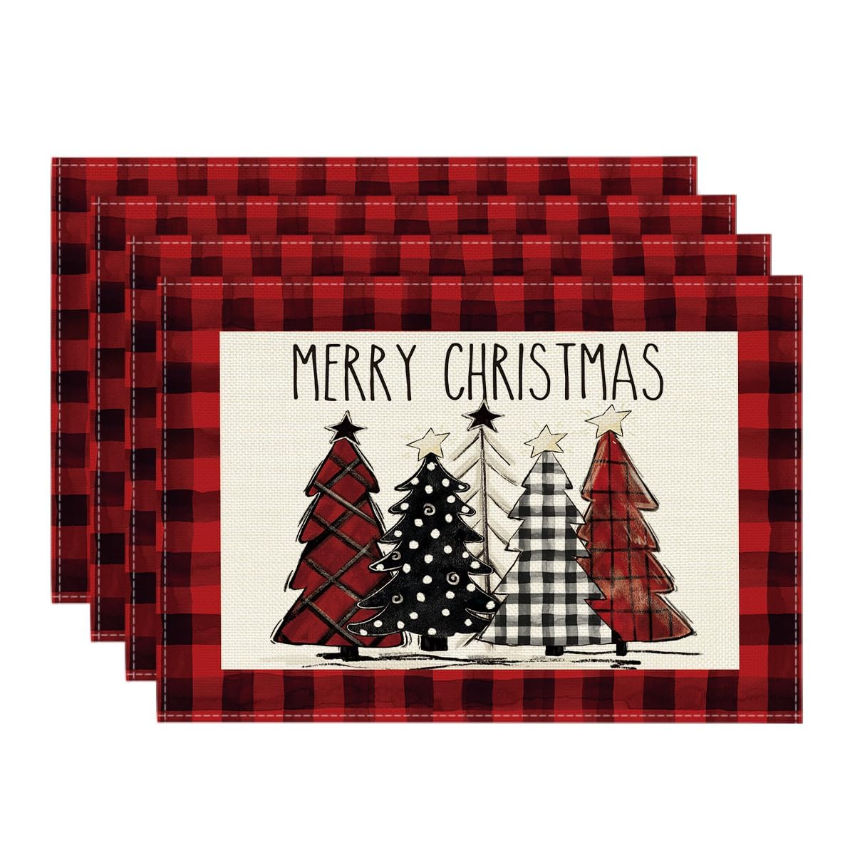 Red and Black Buffalo Plaid Christmas Trees Placemats Set of 4, 12x18 Inch Winter Table Mats for Outdoor Home Party Kitchen Dining Decor