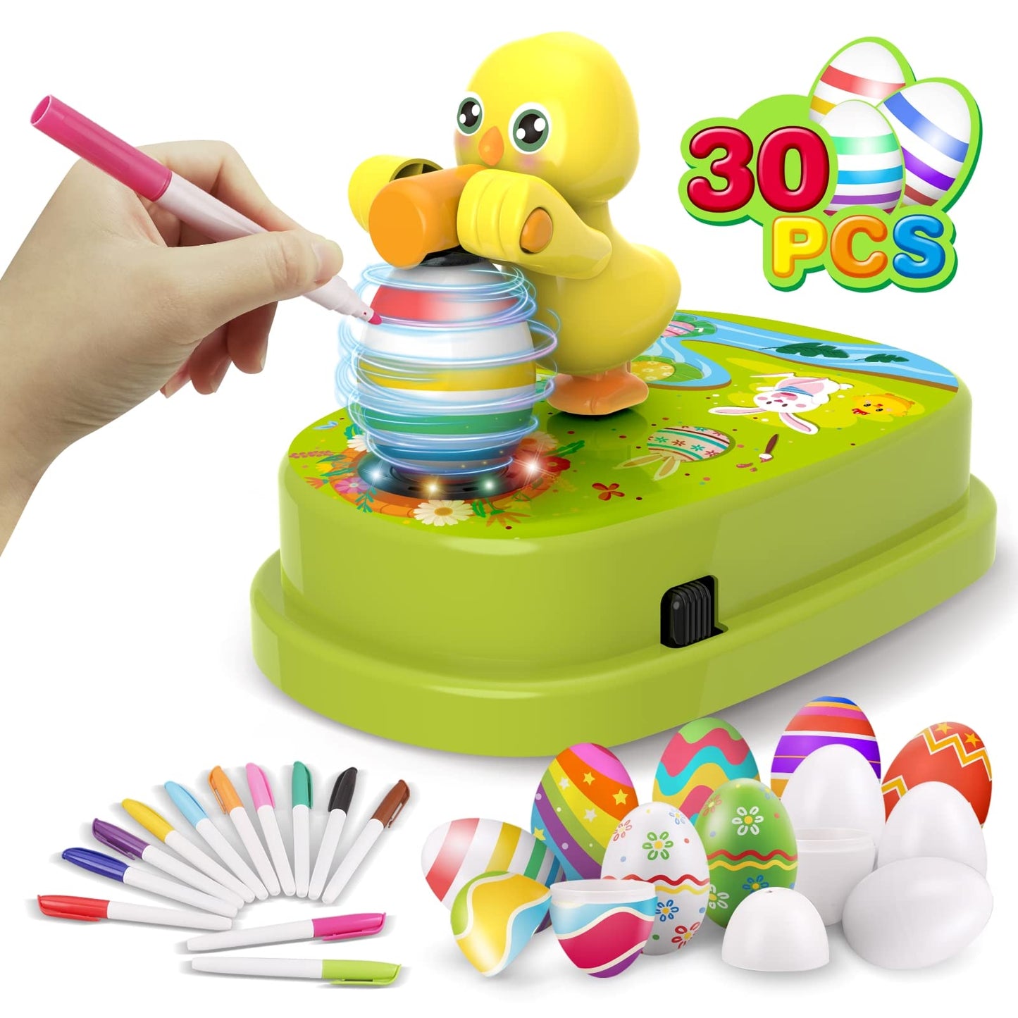 Easter Egg Decorating Kit, Easter Egg Dye Kit Egg Decorating Spinner with 12 Dying Markers 30 Plastic Easter Eggs and Slings, Easter Basket Stuffers Easter Gifts for Kids