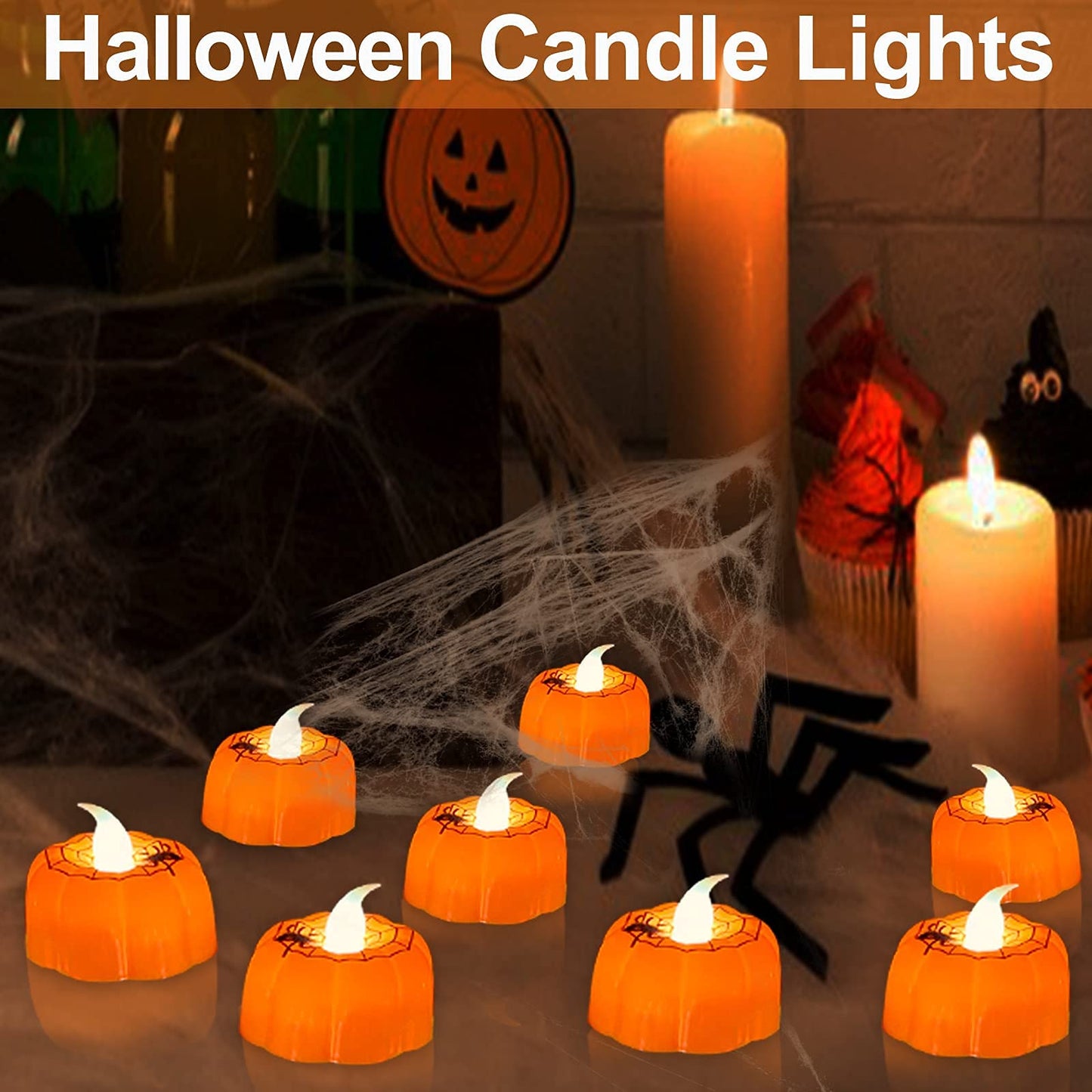 TURNMEON 12 Pack Halloween Pumpkin Tealights Candles with Spider Web Decor, LED Pumpkin Lights, Flame Less Candle Battery Operated Halloween Table Decorations Home Fireplace Party Thanksgiving Fall