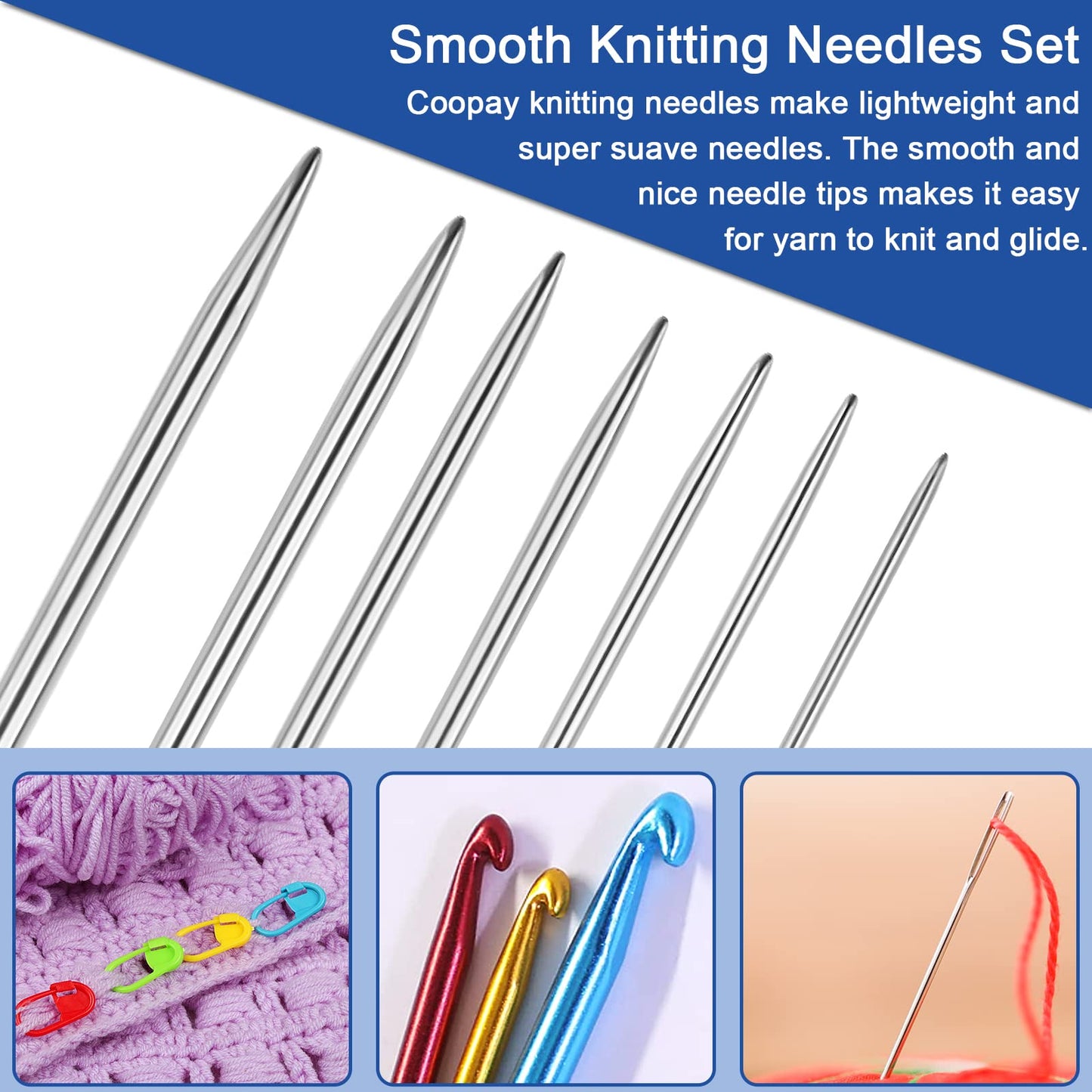 Coopay Double Pointed Knitting Needles Set 7.9", 35 PCS Stainless Steel Straight Knitting Needles 2.0mm-5.0mm, Double Ended Sweater Knitting Set Knitting Needle Kit with Knitting & Crochet Supplies