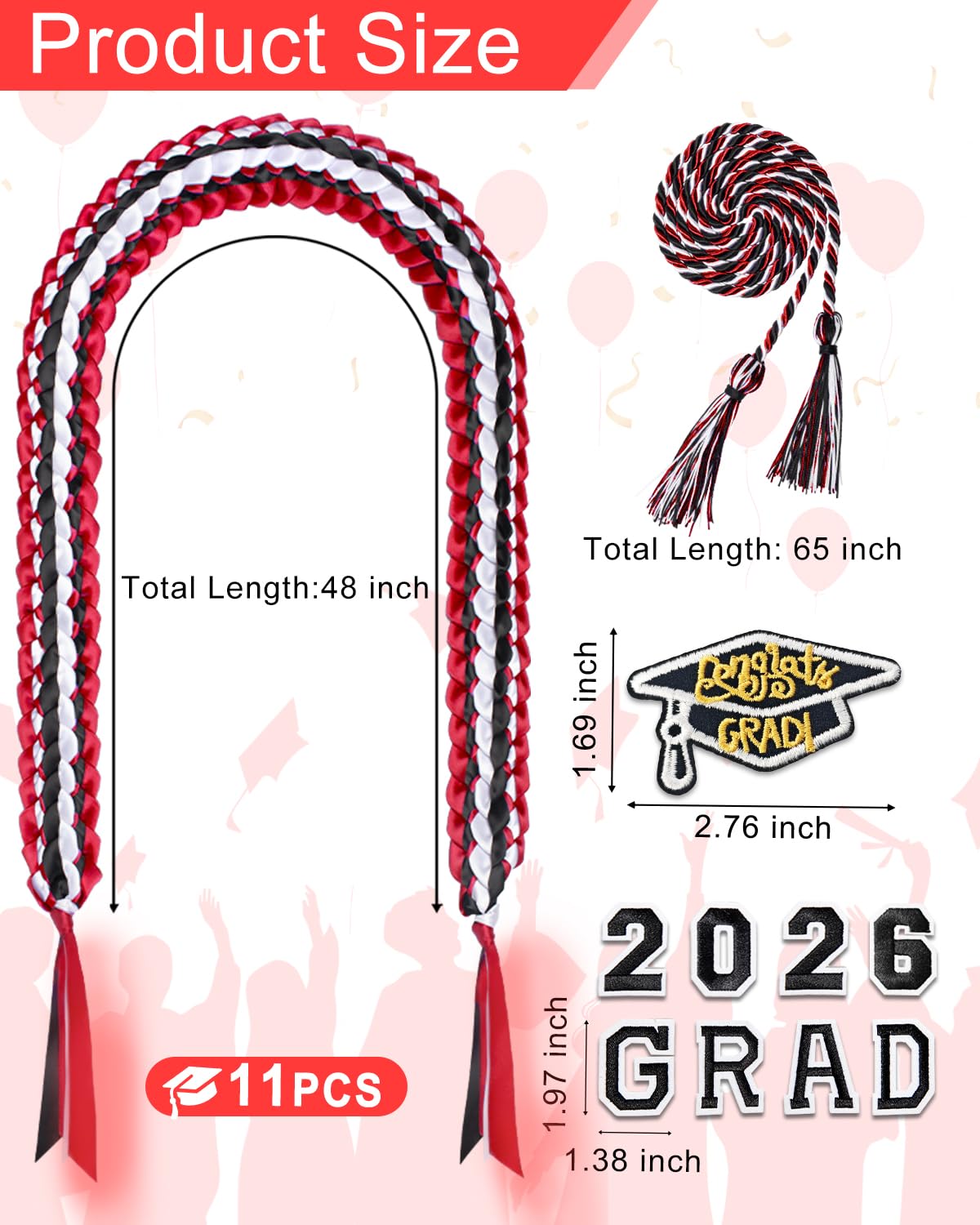 Yigney Graduation Lei Set Class of 2026 Grad Ribbon Leis with Honor Cord Double Braided Graduate Leis for Men Women Red Black White