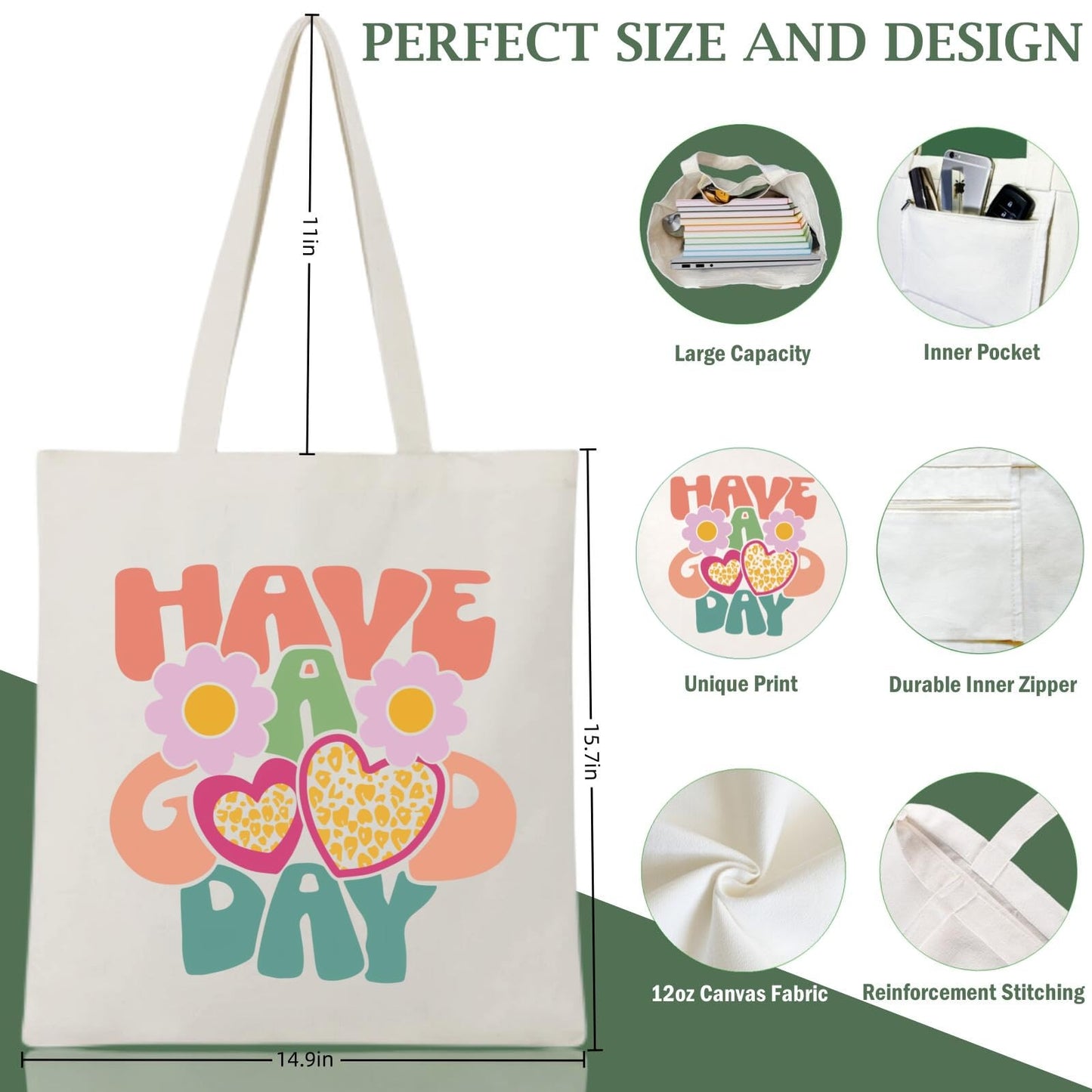 Andeiltech Canvas Tote Bag for Women with Zipper Pocket Aesthetic Cloth Cotton Totes Reusable Grocery Bags Shoulder Book Bags Gifts