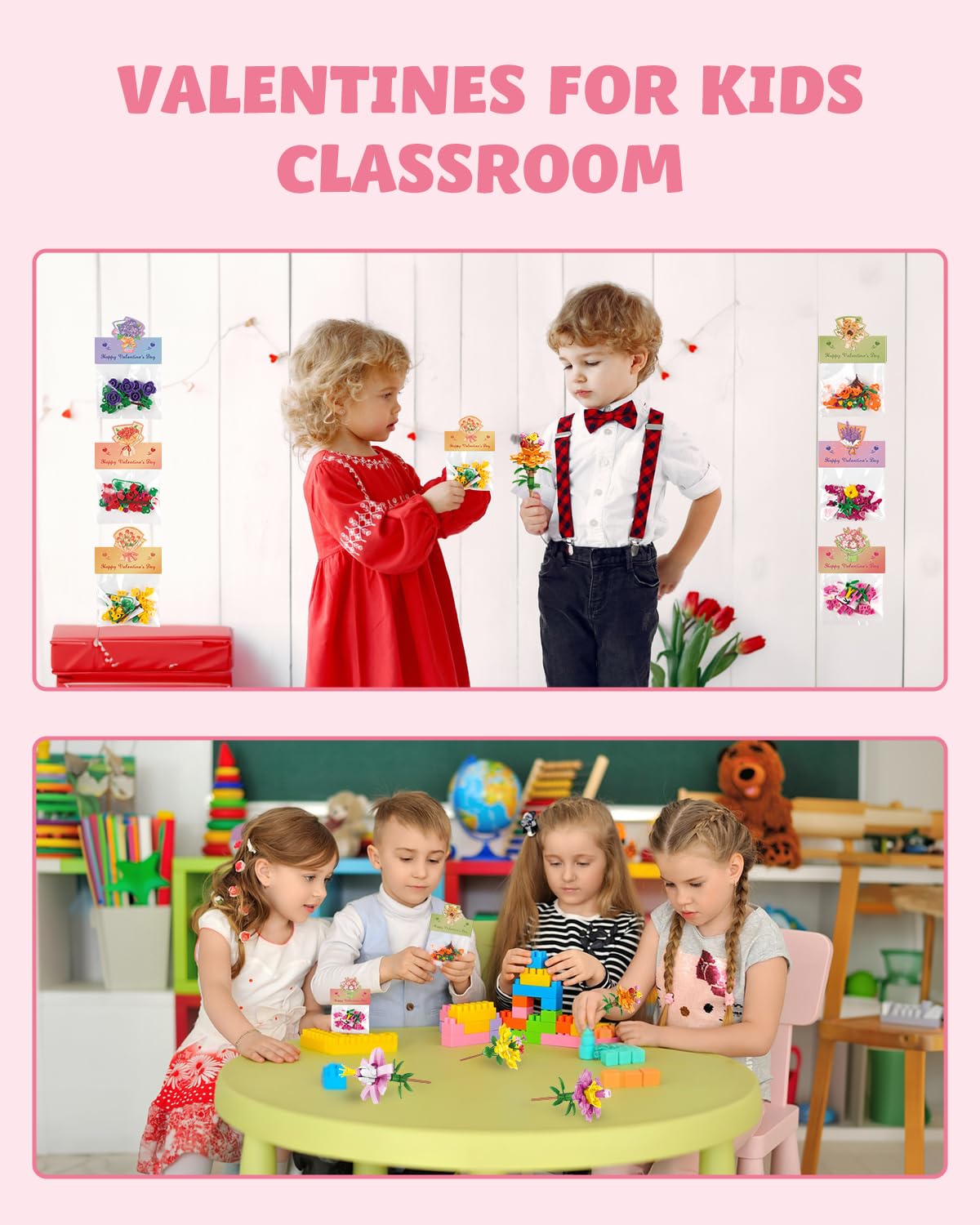 24 Pack Valentine's Flower Bouquets Building Blocks - Ideal for Kids Classroom Exchange, Party Favors, and School Gifts, Includes Greeting Cards & Variety Designs for Boys and Girls