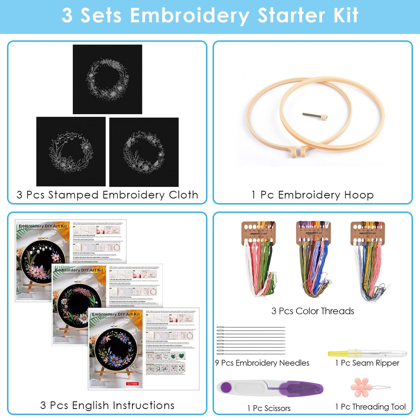 3 Sets Embroidery Kit, Floral Cross Stitch Set for Include Embroidery Cloth Hoops Threads for Craft Lover Hand Stitch (Garlands)