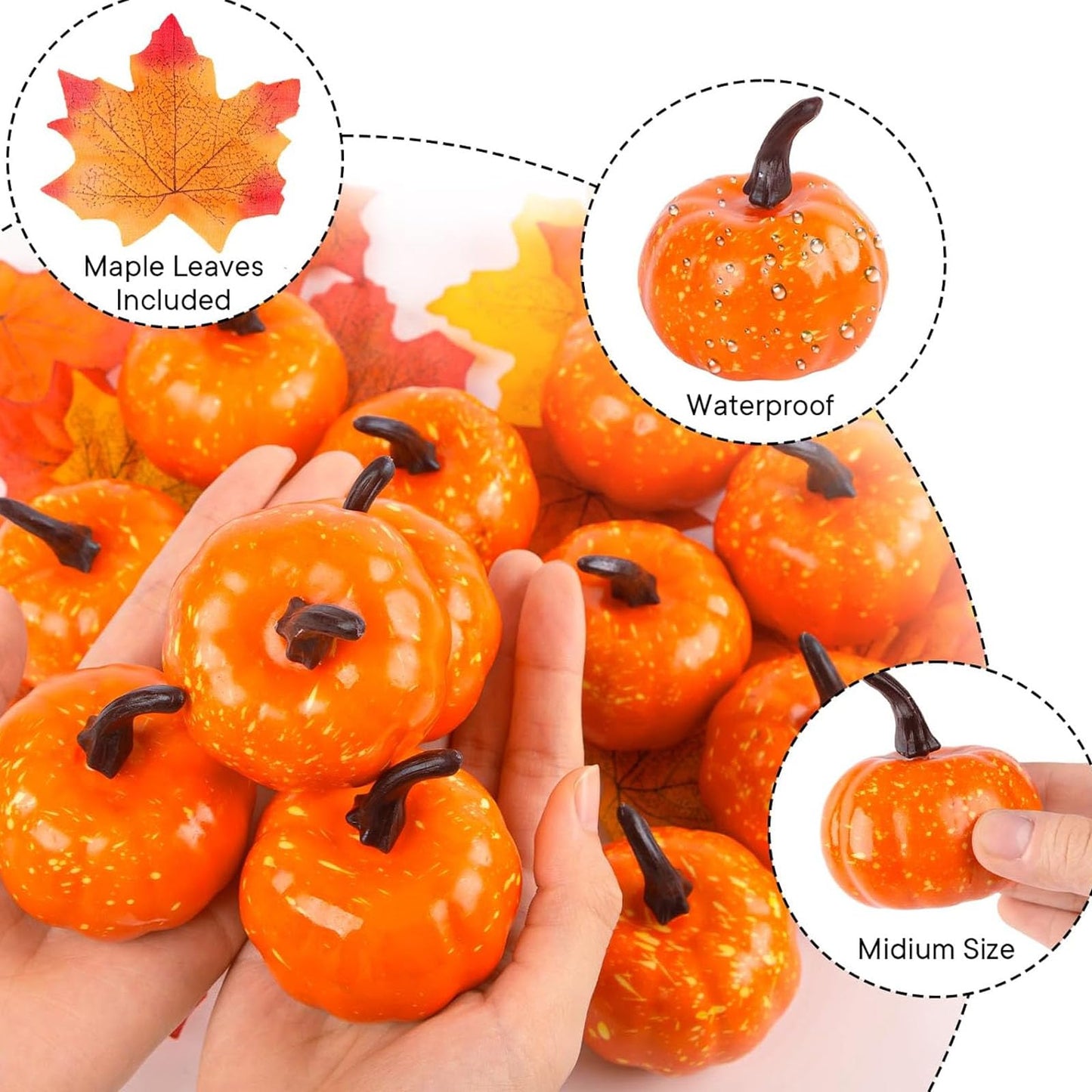 DomeStar 42 PCS Artificial Pumpkins Sets, 12PCS Mini Fake Pumpkins with 30PCS Lifelike Maple Leaves Faux Pumpkins for Decorating Fall Harvest Garland Halloween DIY for Crafts Thanksgiving Decorations