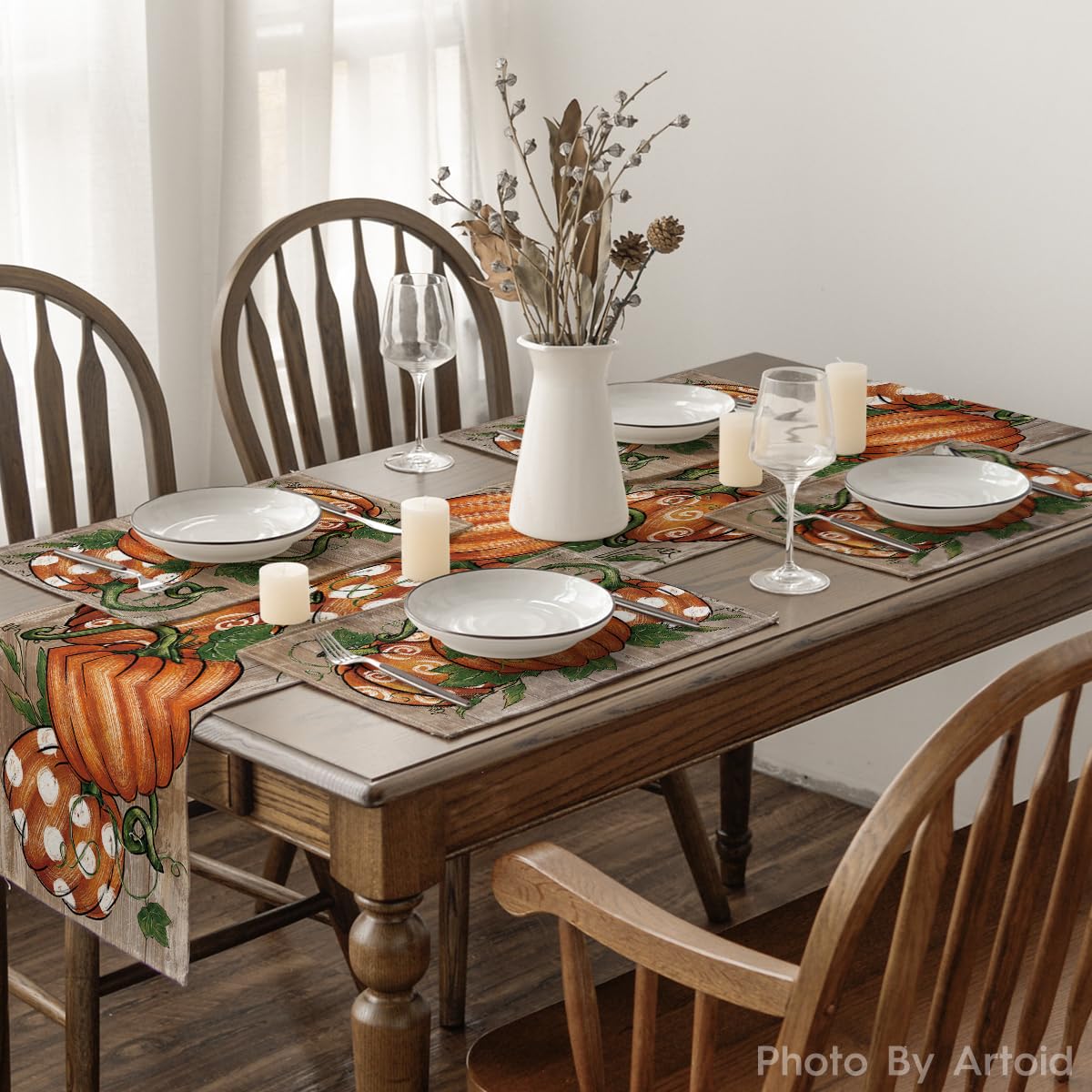 Artoid Mode Polka Dot Pumpkins Vine Thanksgiving Placemats Set of 4, 12x18 Inch Seasonal Fall Table Mats for Party Kitchen Dining Decoration