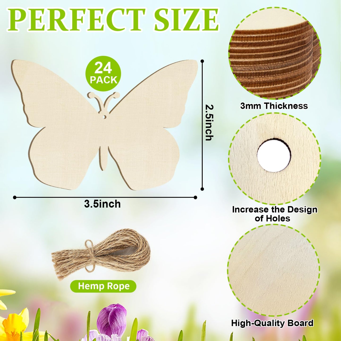 Wooden Butterfly Ornaments to Paint Spring Decoration Cutouts Unfinished 24PCS 3.5 x 3 inches, DIY Blank Unfinished Wood Discs Ornament for Home Crafts Hanging Easter St. Patrick Day Decoration
