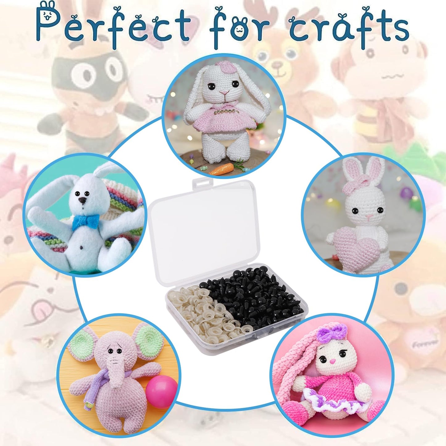 Vanblue Safety Eyes 260PCS 10mm Plastic Black Craft Eyes Teddy Bear Eyes with Washers for Amigurumi Stuffed Animals Crochet Toys Crafts Making Halloween Decorations