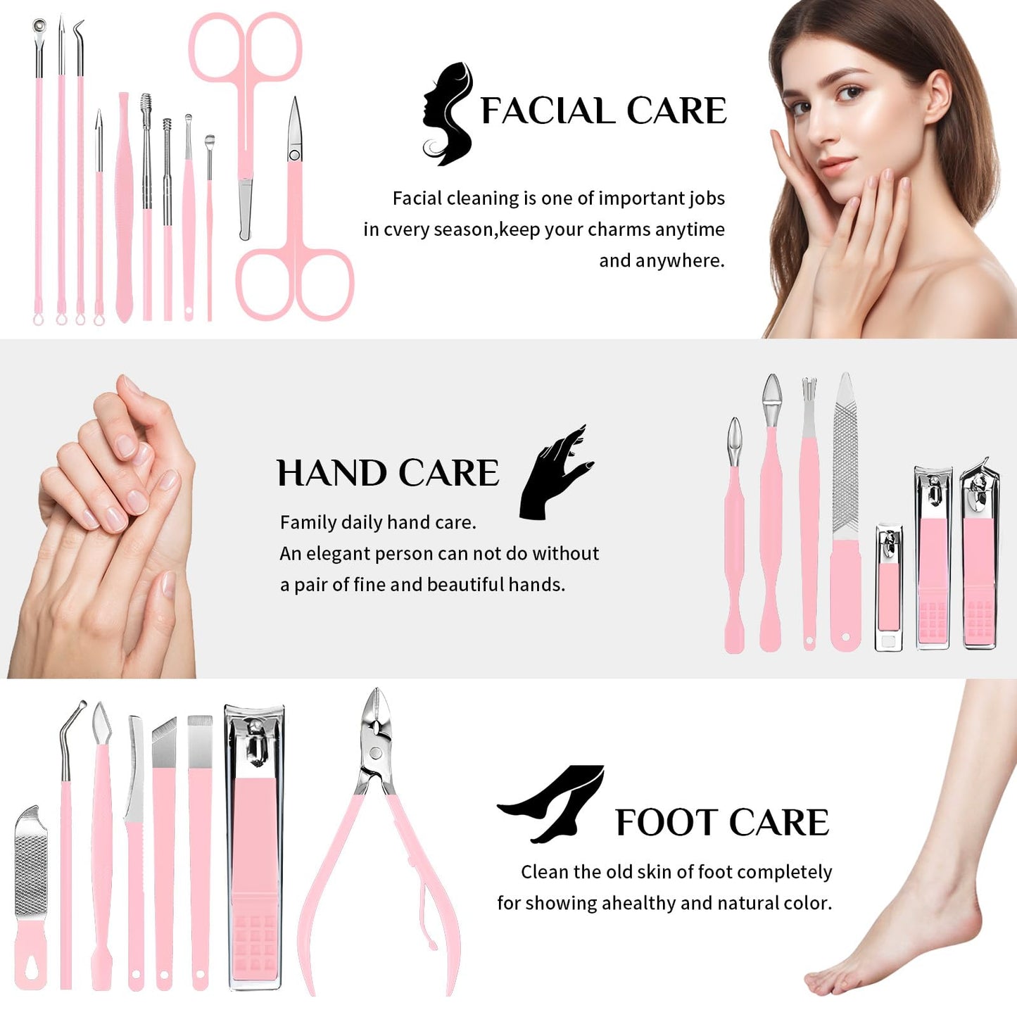 MINKINH 26-Piece Professional Manicure Set，Features Stainless Steel Tools, Carbon Steel Clippers & Travel Case for Women's Home and Travel Grooming，Mother's Day Gifts(Pink)