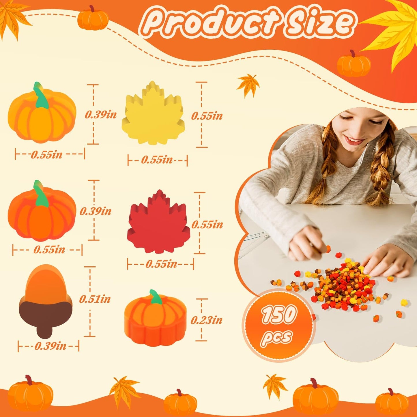 Fall Mini Cute Thanksgiving Mini Eraser Bulk Set of 150 Pcs, Maple Leaf Novelty Pencil Eraser Pack for Kids, Homework Rewards, Party Favors
