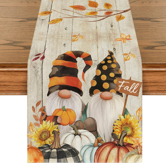 Wood Gnomes Pumpkins Sunflower Leaves Fall Table Runner, Seasonal Autumn Kitchen Dining Table Decoration for Home Party Decor 13x72 Inch