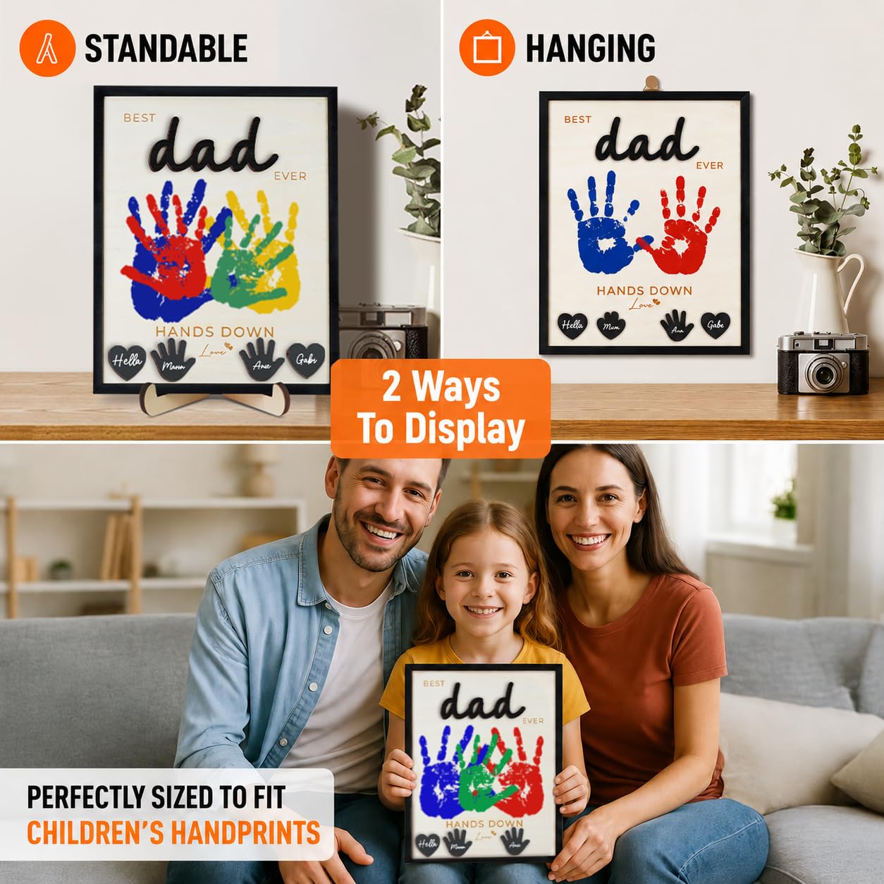 10" Best Dad Ever Hands Down Sign DIY Dad Gifts from Kids Handprint Kit with Acrylic Paint, Toddler Craft Birthday Gift Father's Day for Daddy, Papa Family Plaque with Daughter, Son Names HF90-D