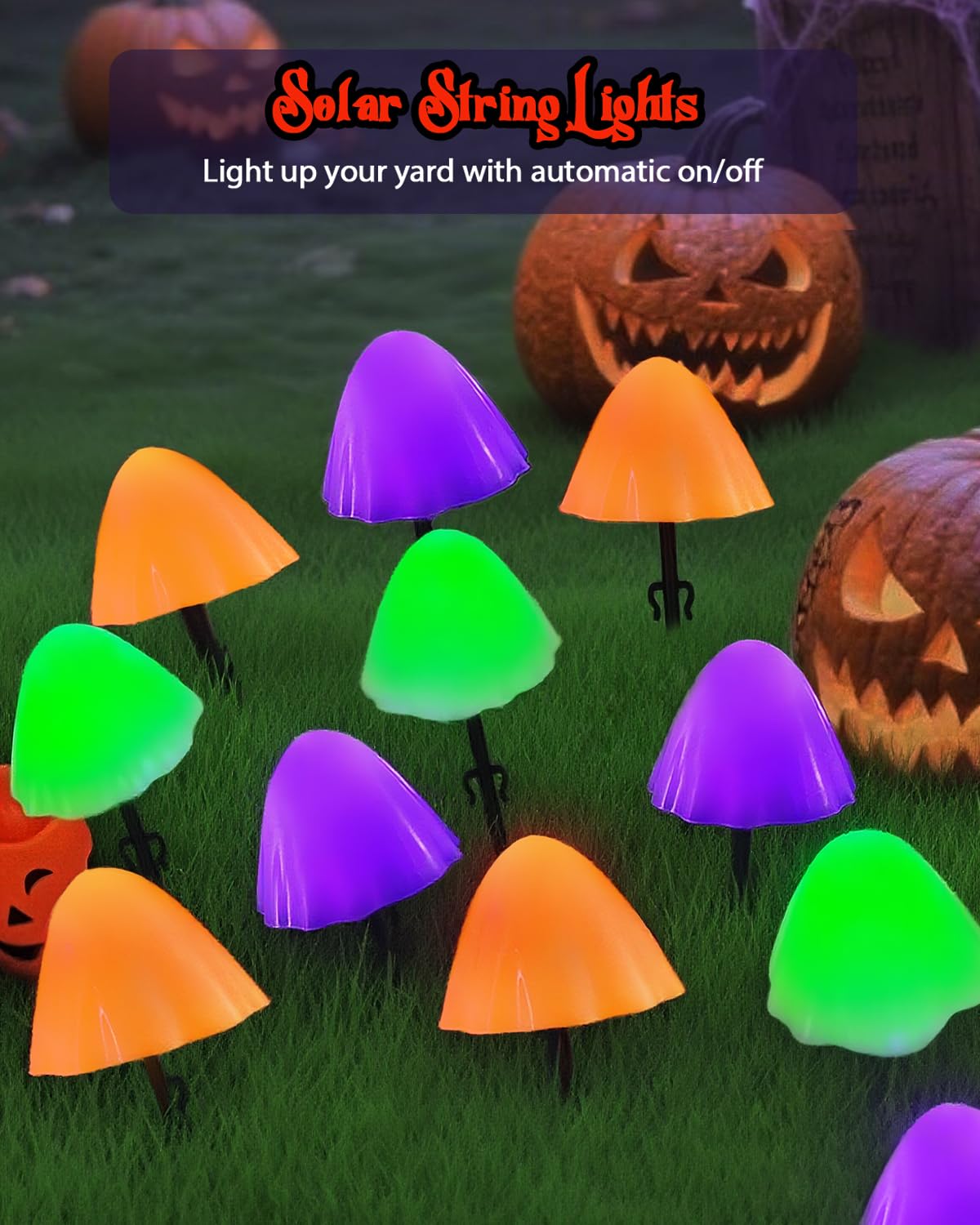 2PK 55FT 32LED Halloween Orange Purple and Green Solar Mushroom Lights Outdoor, Solar String Light with 8 Lighting Modes Auto On/Off, Halloween Garden Lights for Witch Decorations