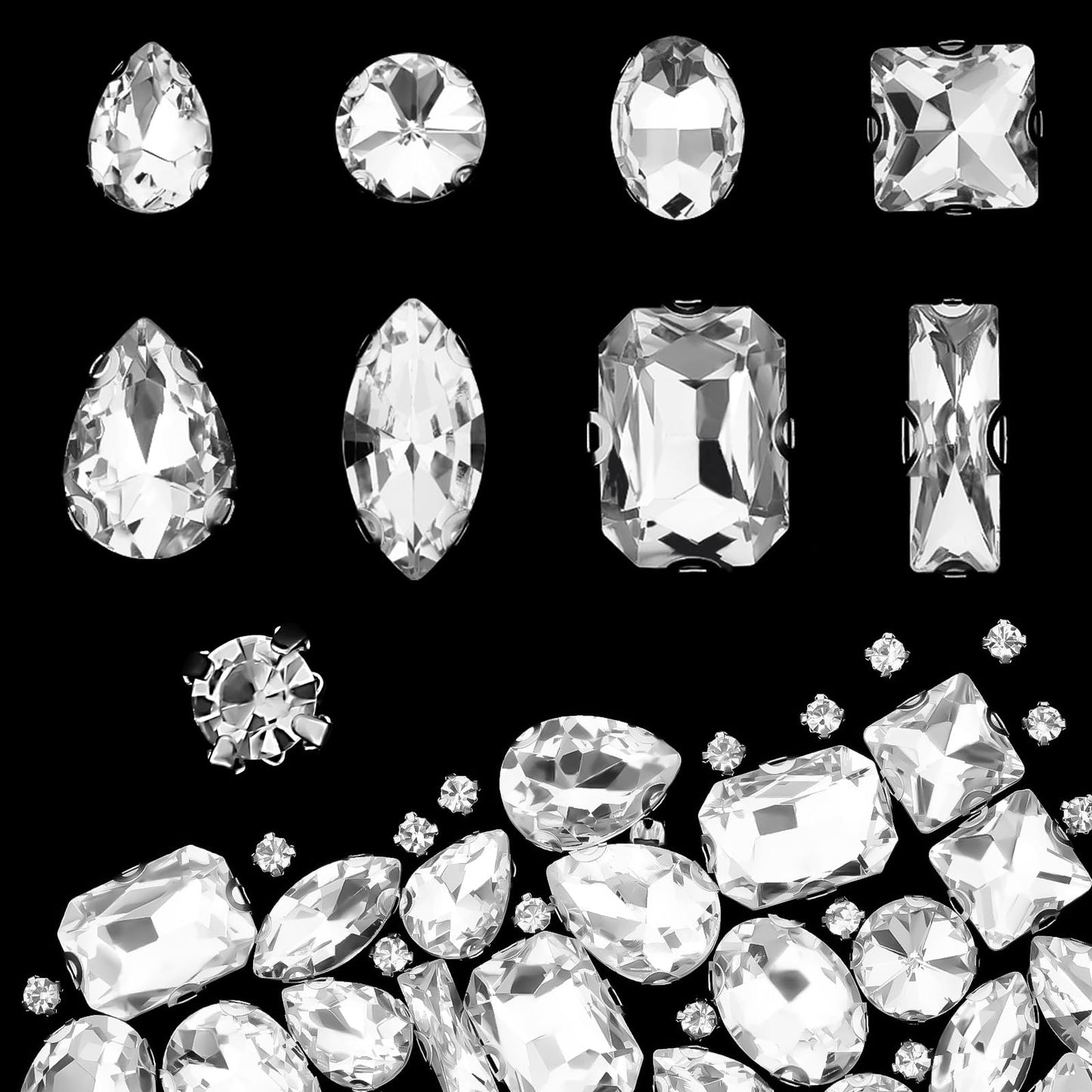 JJUNW 240 PCS Sew on Rhinestones Mixed Shapes Glass Rhinestones Sew on Crystal Gems Mental Flatback wif Silver Claw for Jewelry Crafts Clothes Shoes Costume Garment(White)