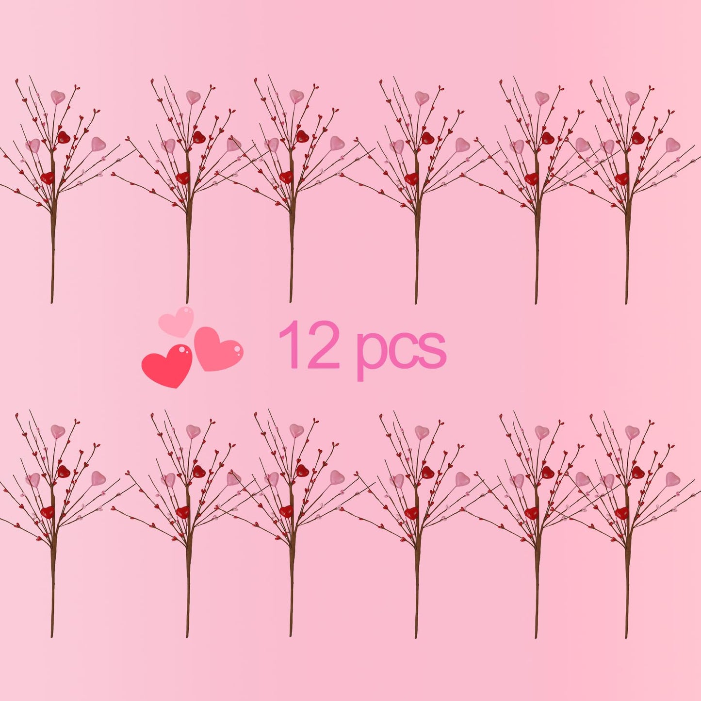 Valentine's Day Picks, 12 Pieces Artificial Pink Heart Shaped Berry Branches, 17.7 Inch Valentine's Day Heart Picks for Valentines Day Party, Wedding, Anniversary Table Decoration