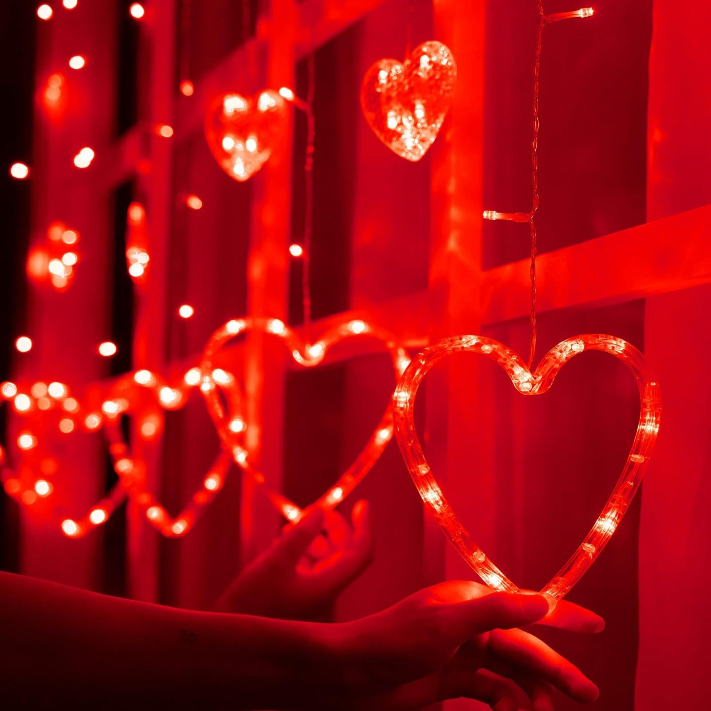 Valentines Day Decor Lights,138 LED 12-Heart-Shaped String Lights Waterproof,8 Modes Connetable 29V Plug in Curtain Lights for Kids Bedroom Wedding Party Valentines Day Decoration (Red)