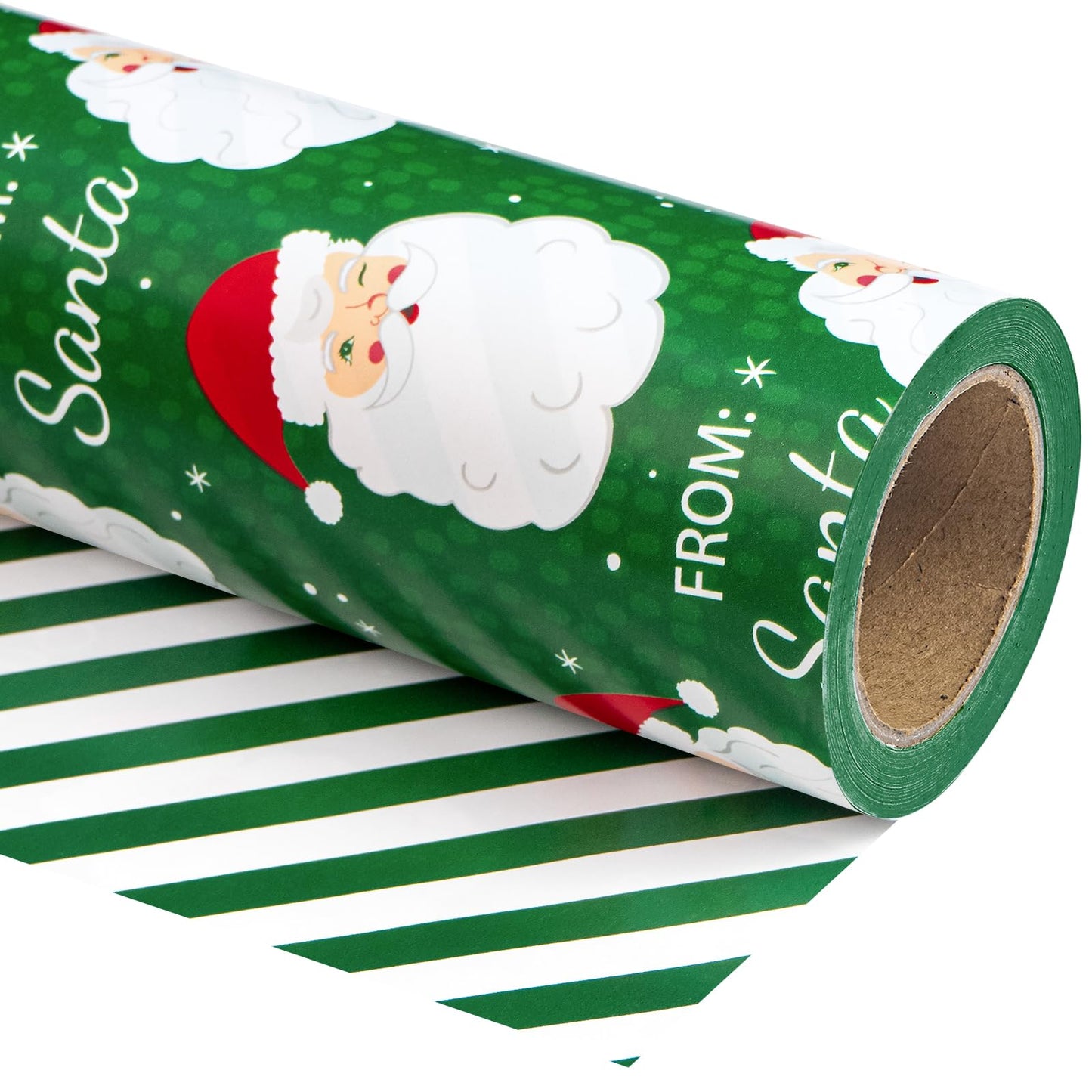 Reversible Christmas Wrapping Paper - Mini Roll - 17 Inch x 33 Feet - Green Santa Wrapping Paper and Stripe Perfect for Christmas, Holiday, Party Celebration