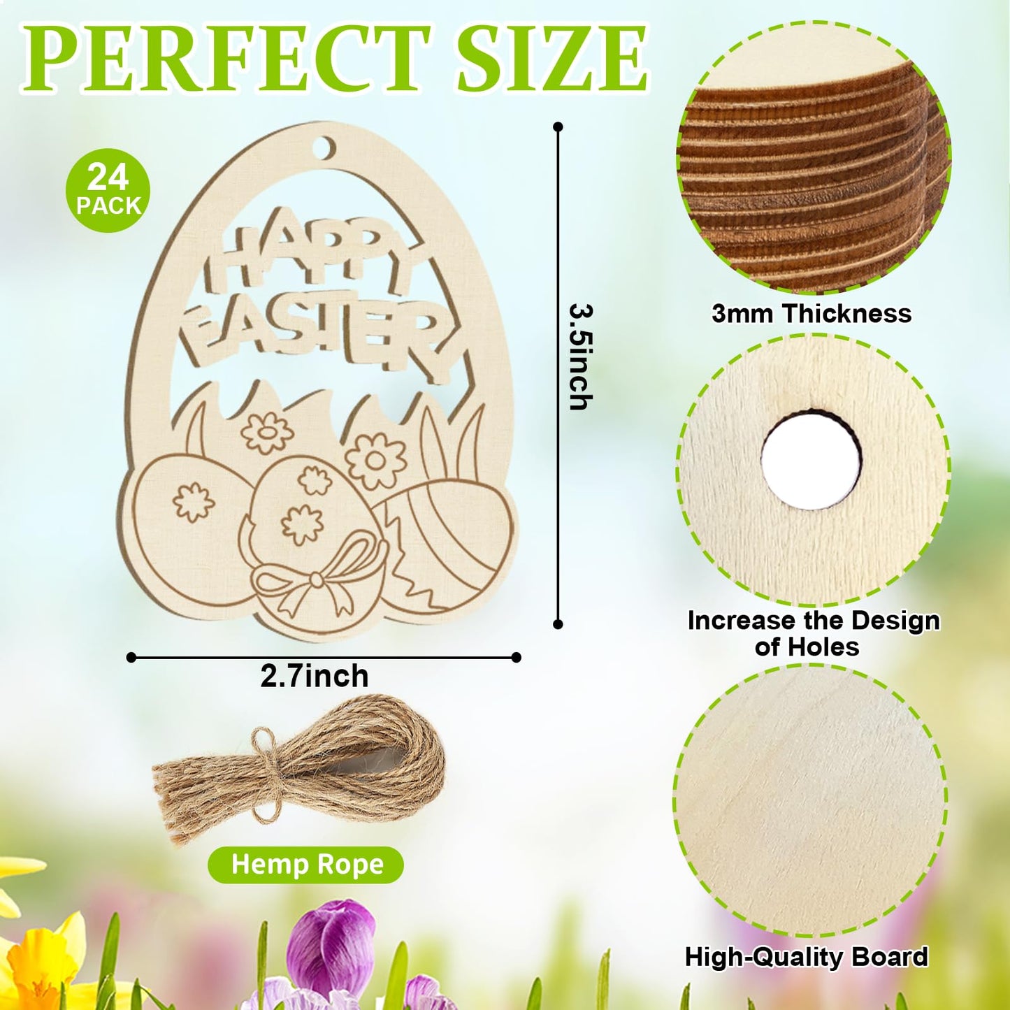 Wooden Easter Ornaments to Paint Spring Decoration Happy Easter Cutouts Unfinished 24PCS 3.5 inches, DIY Blank Unfinished Christmas Tree Wood Discs Ornament for Home Crafts Hanging